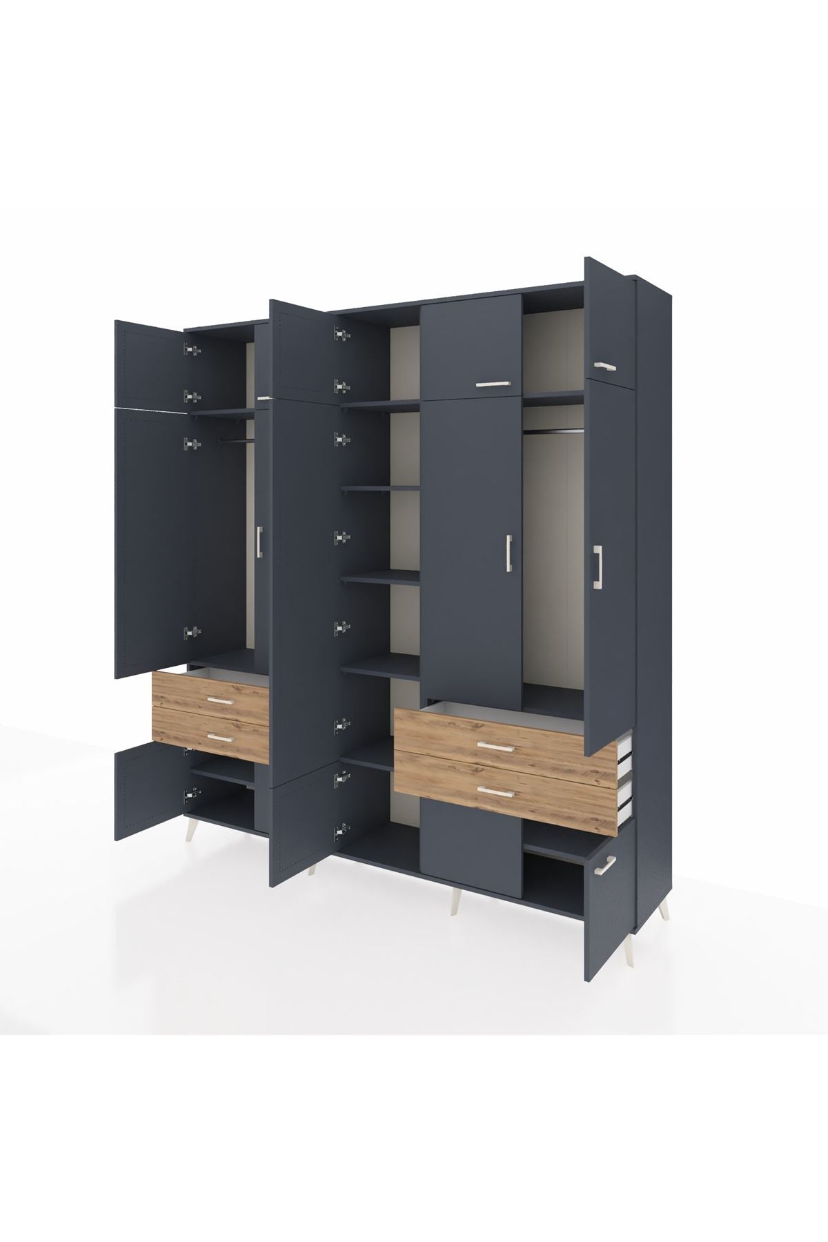 Hyperion Dolap 11 Raflı 4 Çekmeceli 2 Askılı 220x44x243 Antrasit-Antrasit/Çam