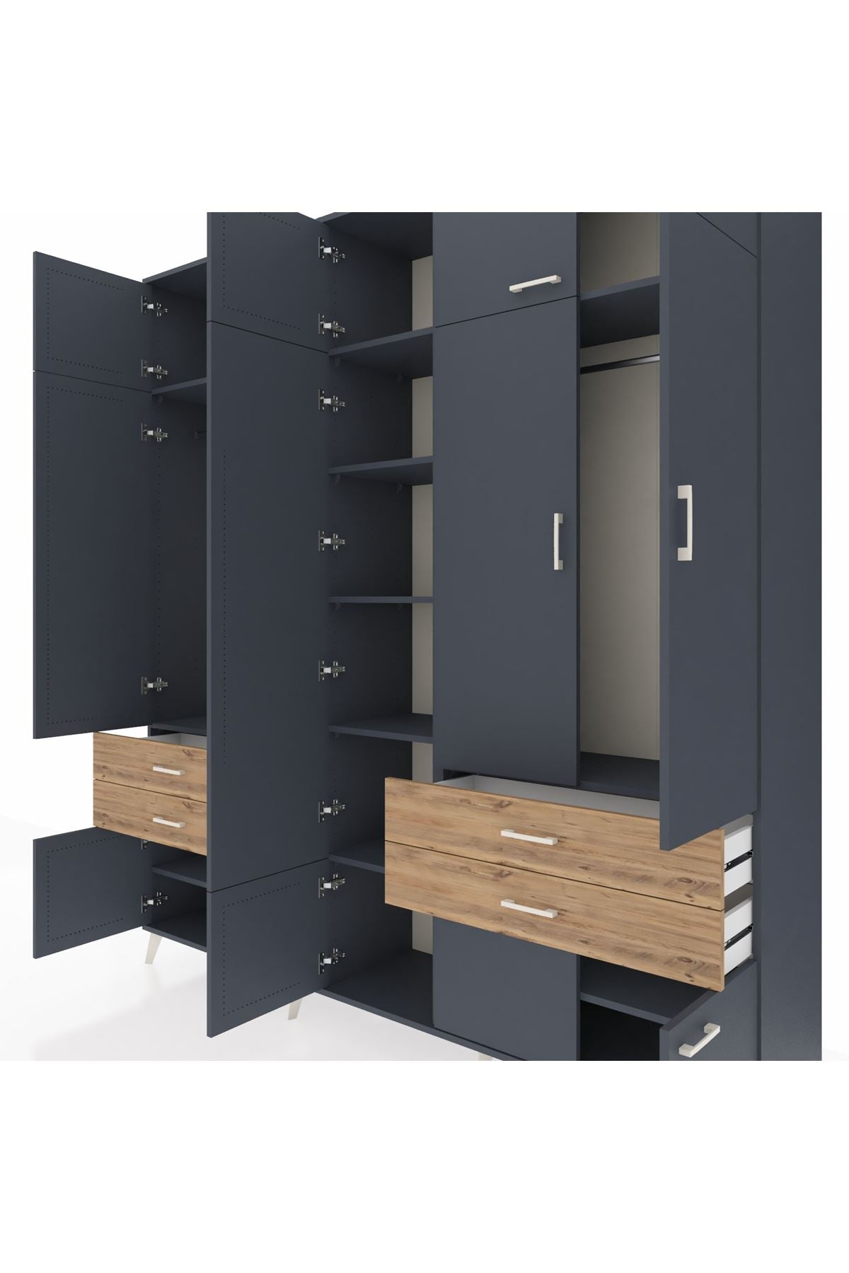 Hyperion Dolap 11 Raflı 4 Çekmeceli 2 Askılı 220x44x243 Antrasit-Antrasit/Çam