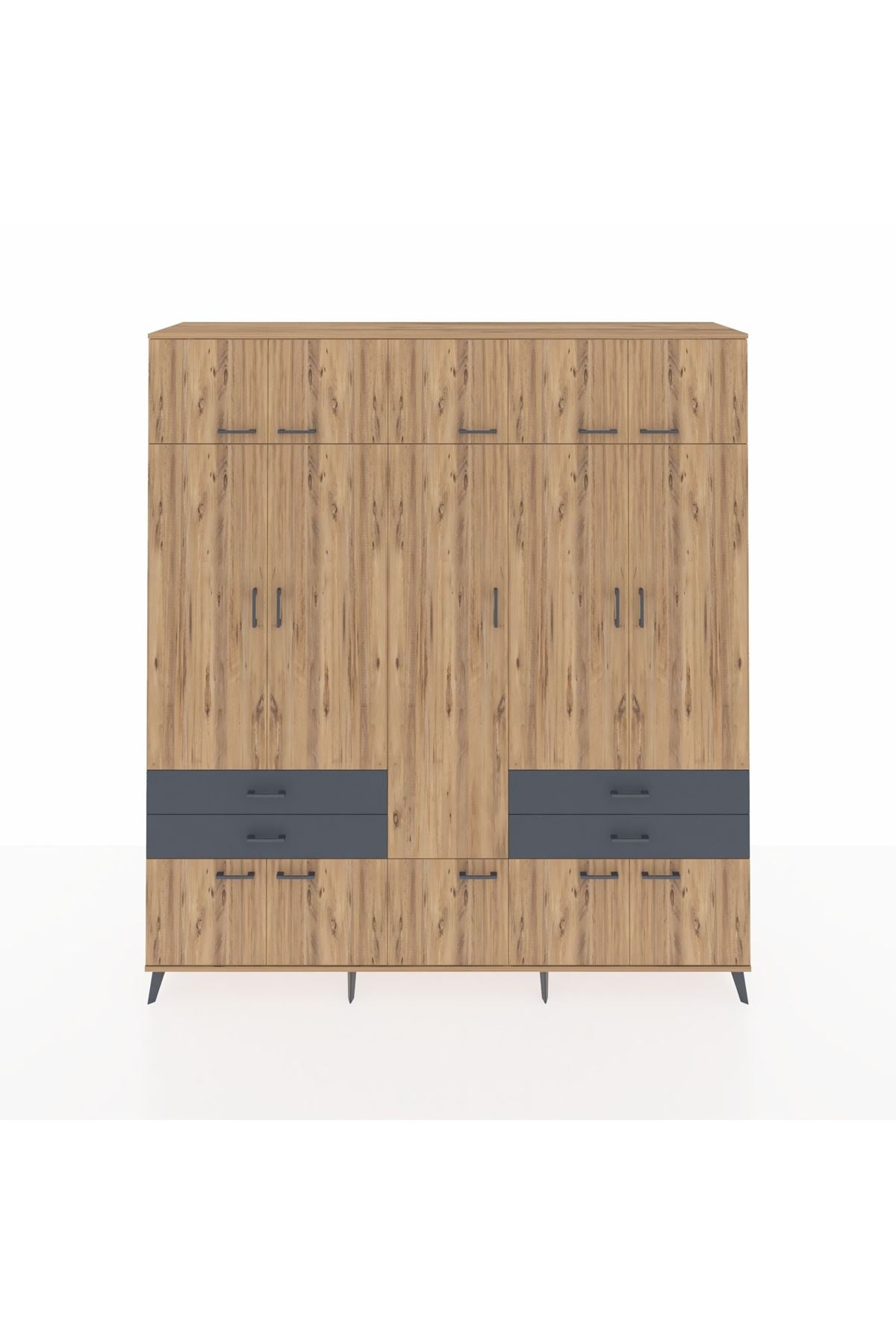 Hyperion Dolap 11 Raflı 4 Çekmeceli 2 Askılı 220x44x243 Çam-Çam/Antrasit