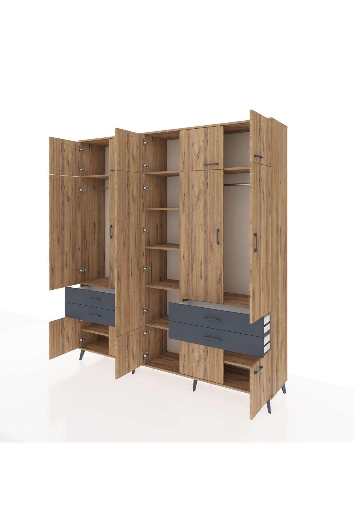 Hyperion Dolap 11 Raflı 4 Çekmeceli 2 Askılı 220x44x243 Çam-Çam/Antrasit