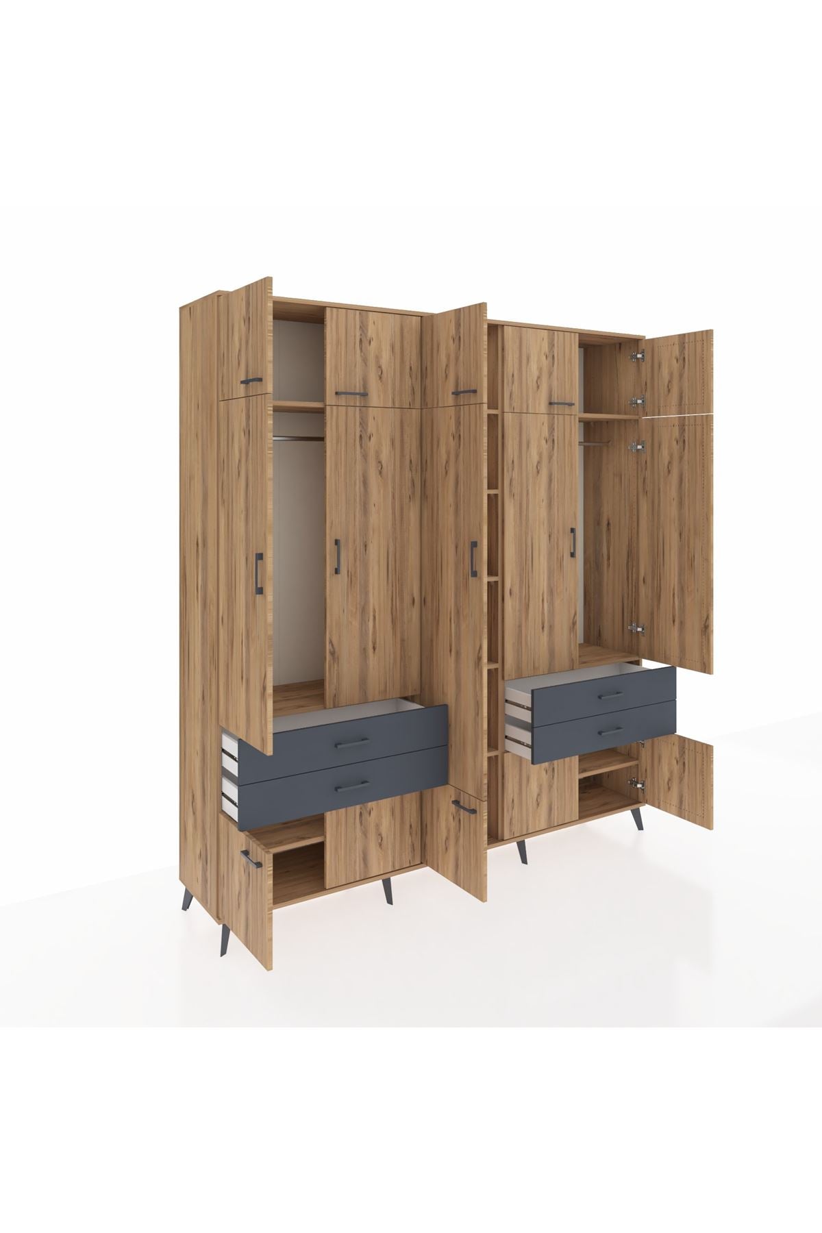 Hyperion Dolap 11 Raflı 4 Çekmeceli 2 Askılı 220x44x243 Çam-Çam/Antrasit