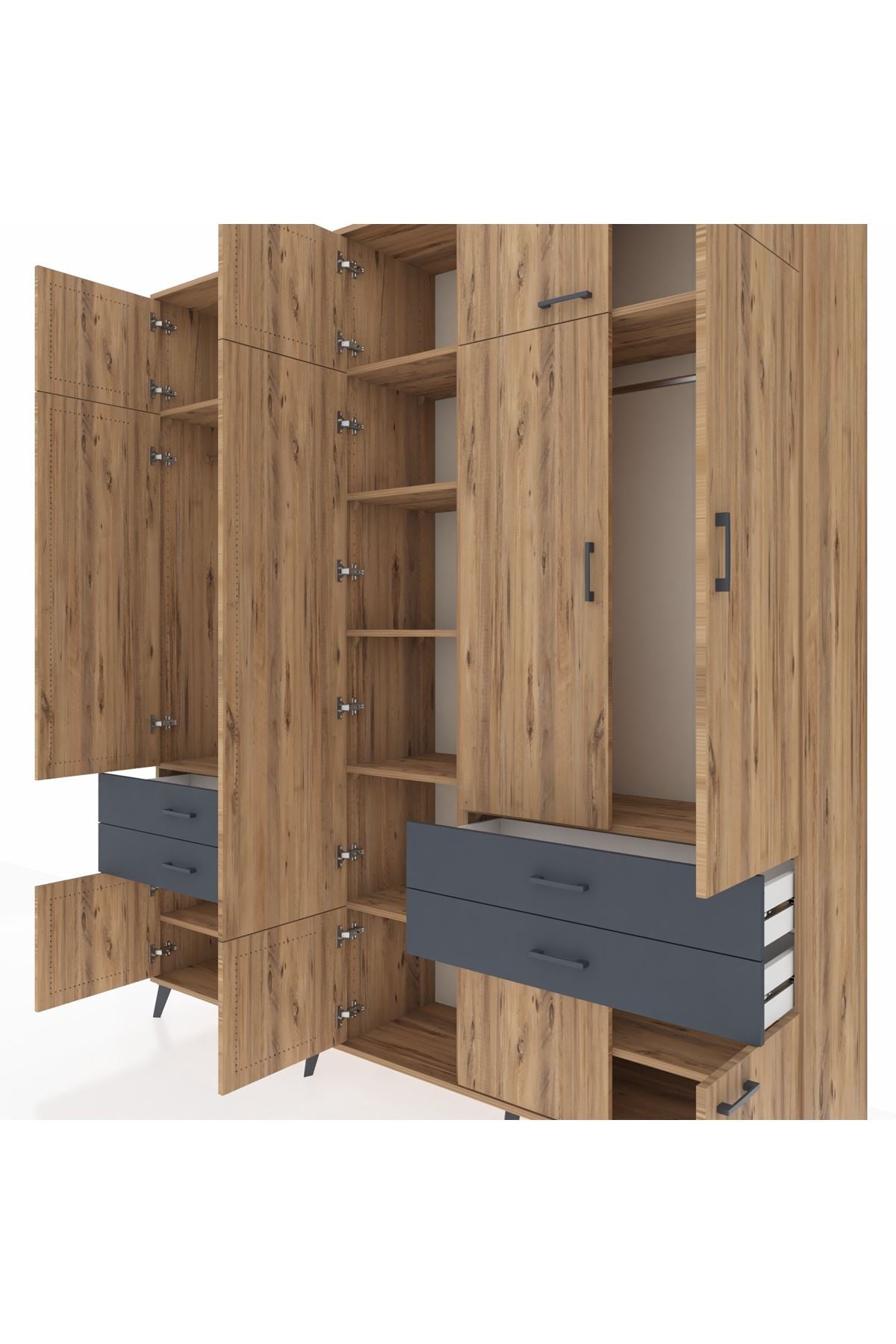 Hyperion Dolap 11 Raflı 4 Çekmeceli 2 Askılı 220x44x243 Çam-Çam/Antrasit