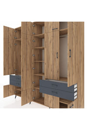 Hyperion Dolap 11 Raflı 4 Çekmeceli 2 Askılı 220x44x243 Çam-Çam/Antrasit