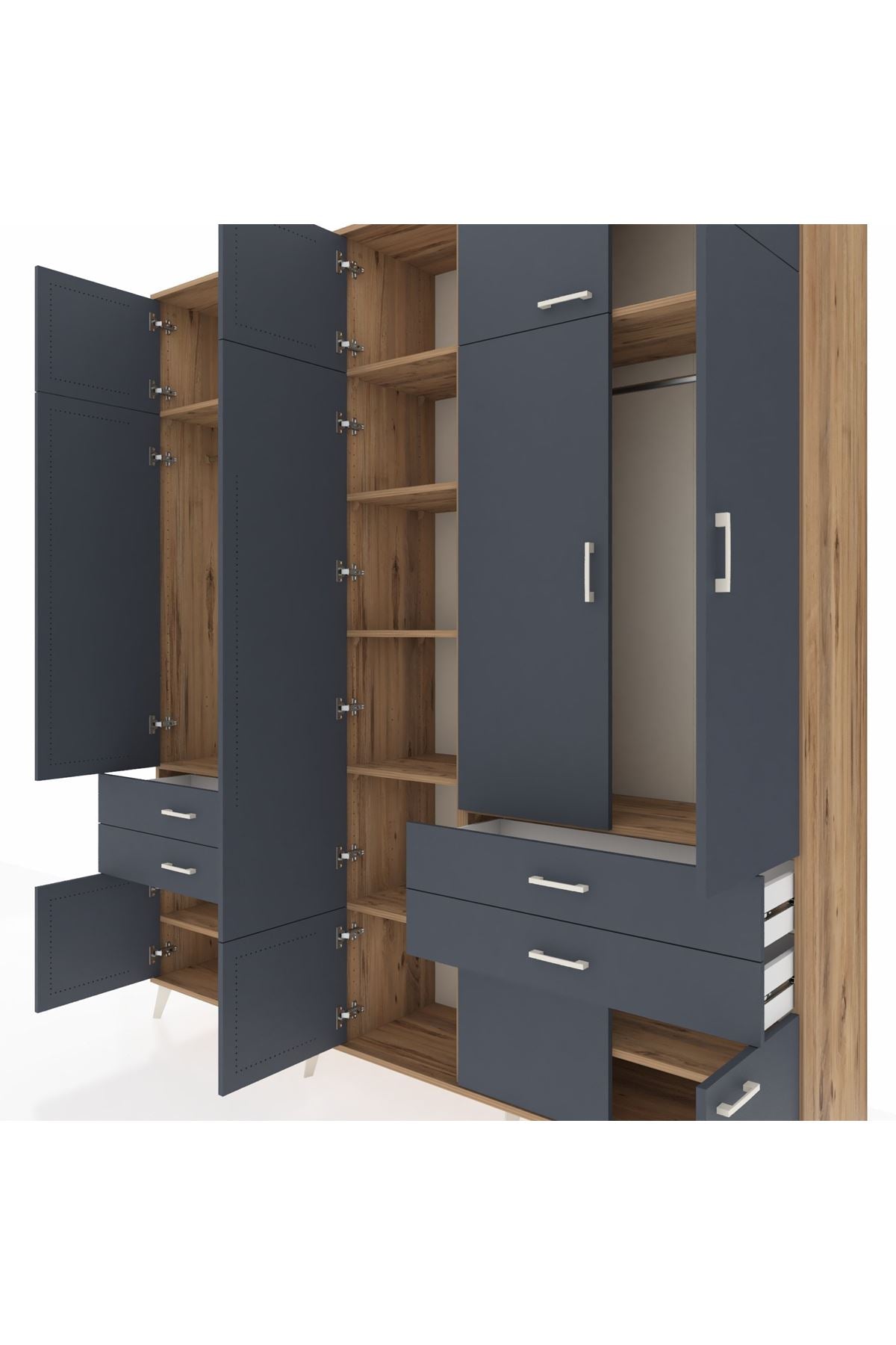 Hyperion Dolap 11 Raflı 4 Çekmeceli 2 Askılı 220x44x243 Çam-Antrasit/Antrasit