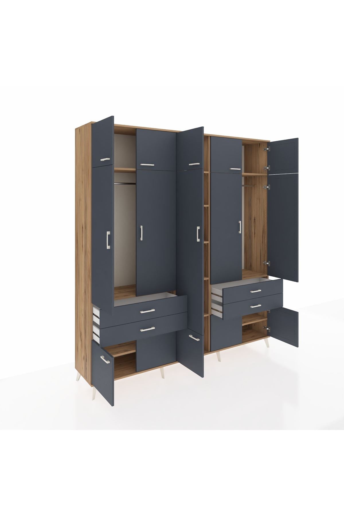 Hyperion Dolap 11 Raflı 4 Çekmeceli 2 Askılı 220x44x243 Çam-Antrasit/Antrasit