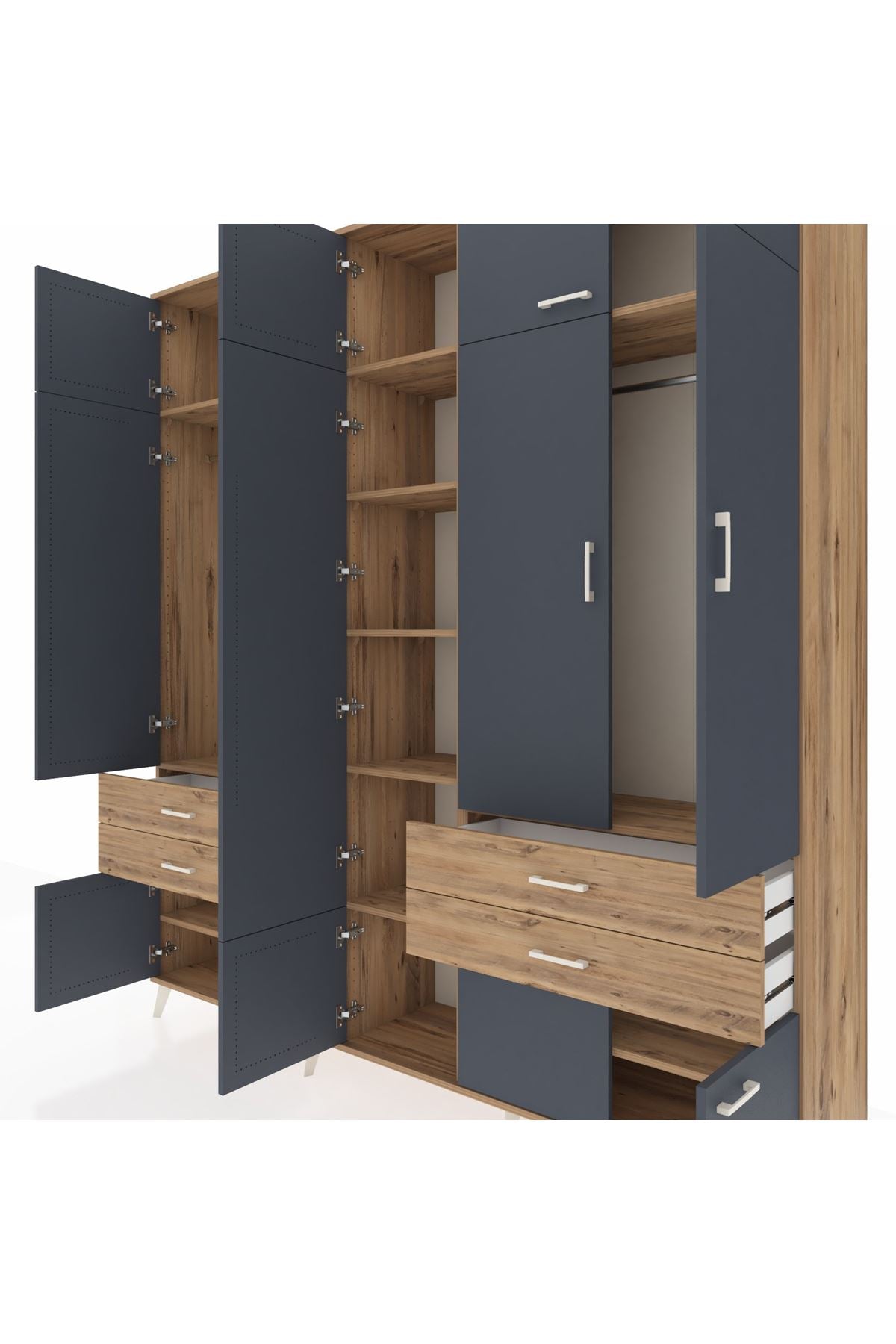 Hyperion Dolap 11 Raflı 4 Çekmeceli 2 Askılı 220x44x243 Çam-Antrasit/Çam