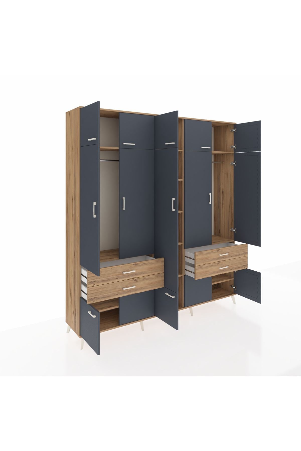 Hyperion Dolap 11 Raflı 4 Çekmeceli 2 Askılı 220x44x243 Çam-Antrasit/Çam