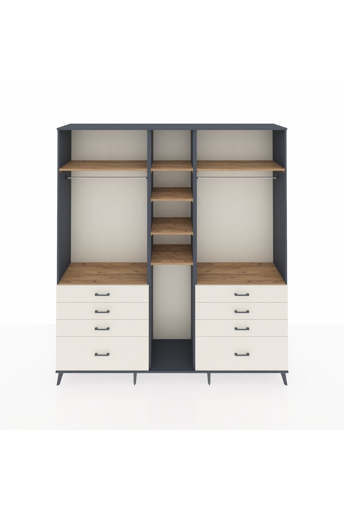 Hyperion Dolap 8 Raflı 8 Çekmeceli 3 Askılı 220x44x243 Antrasit-Çam/Aytaşı