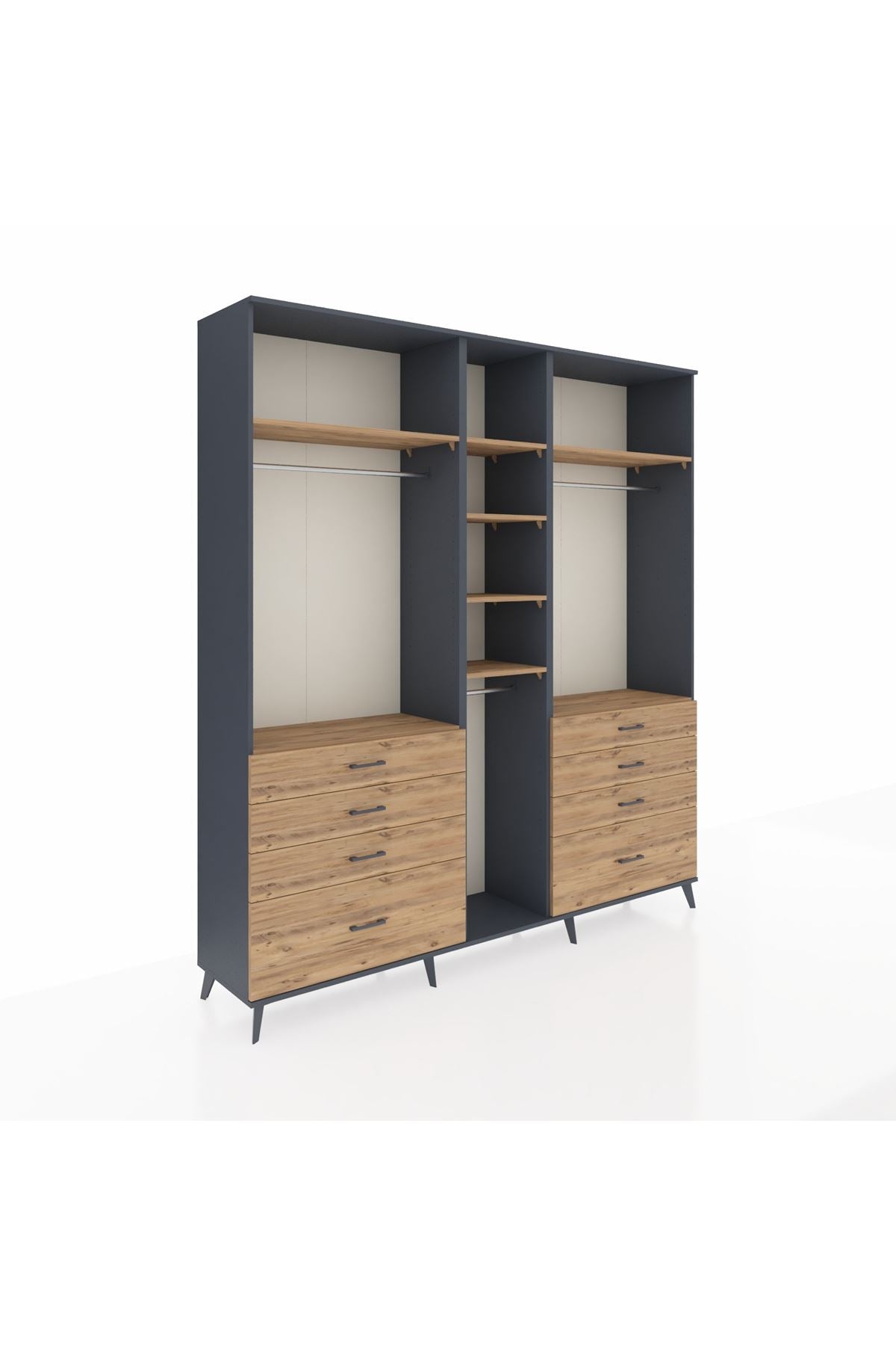 Hyperion Dolap 8 Raflı 8 Çekmeceli 3 Askılı 220x44x243 Antrasit-Çam/Çam