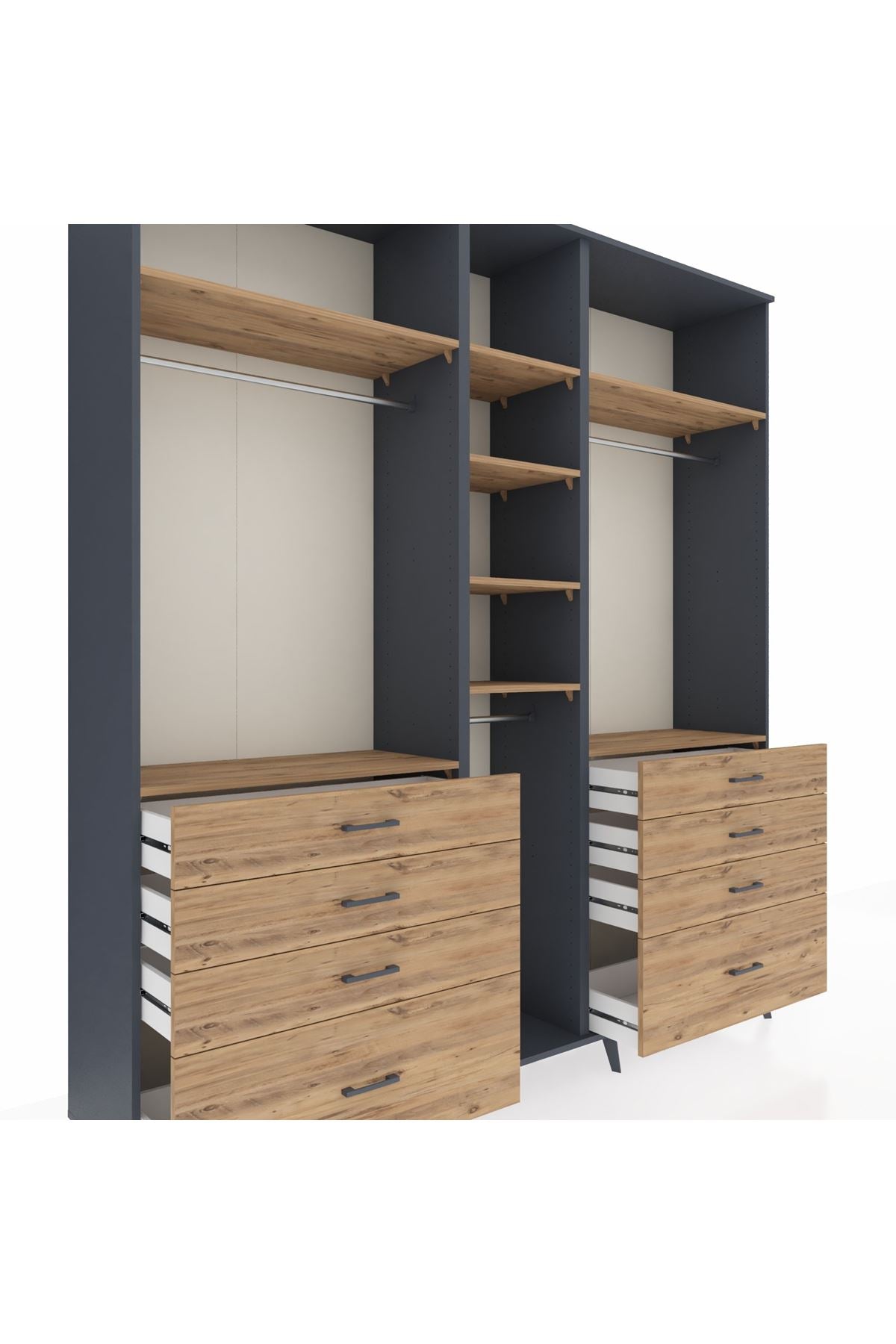 Hyperion Dolap 8 Raflı 8 Çekmeceli 3 Askılı 220x44x243 Antrasit-Çam/Çam