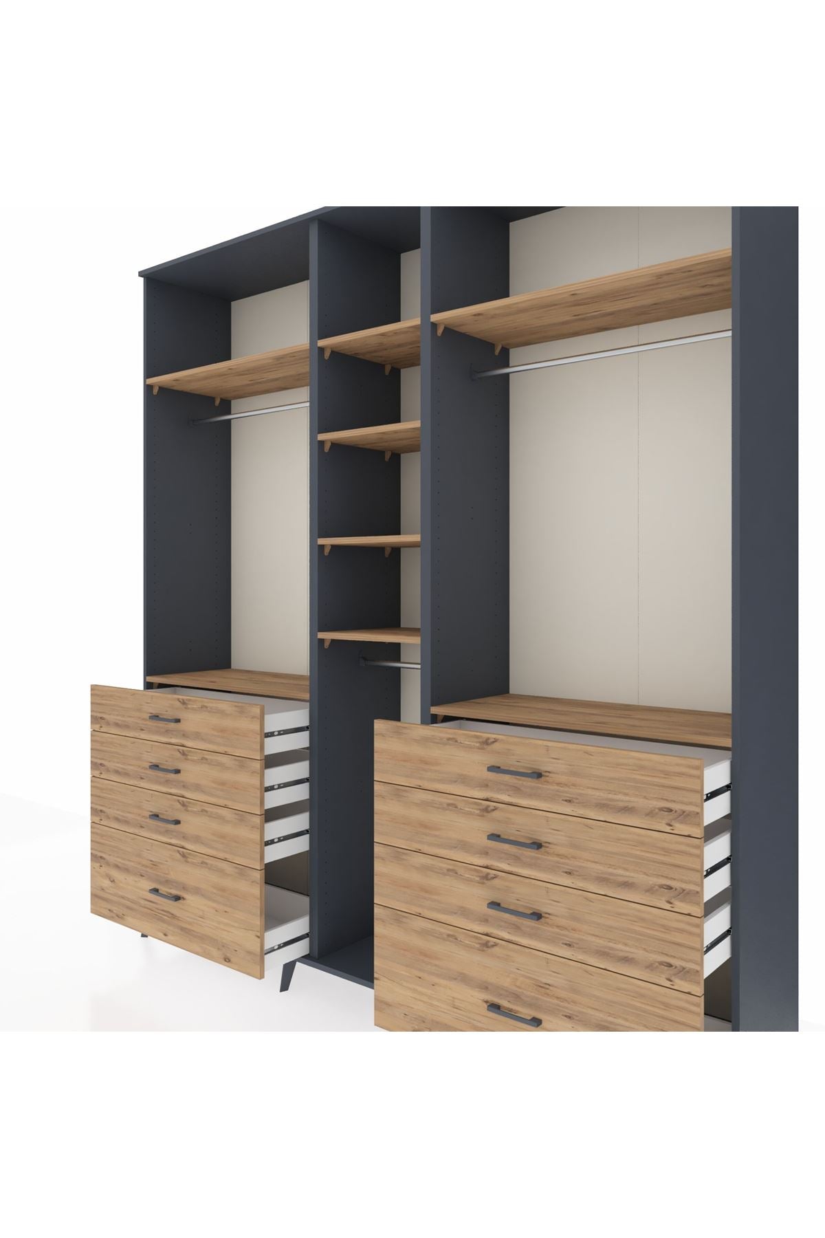 Hyperion Dolap 8 Raflı 8 Çekmeceli 3 Askılı 220x44x243 Antrasit-Çam/Çam