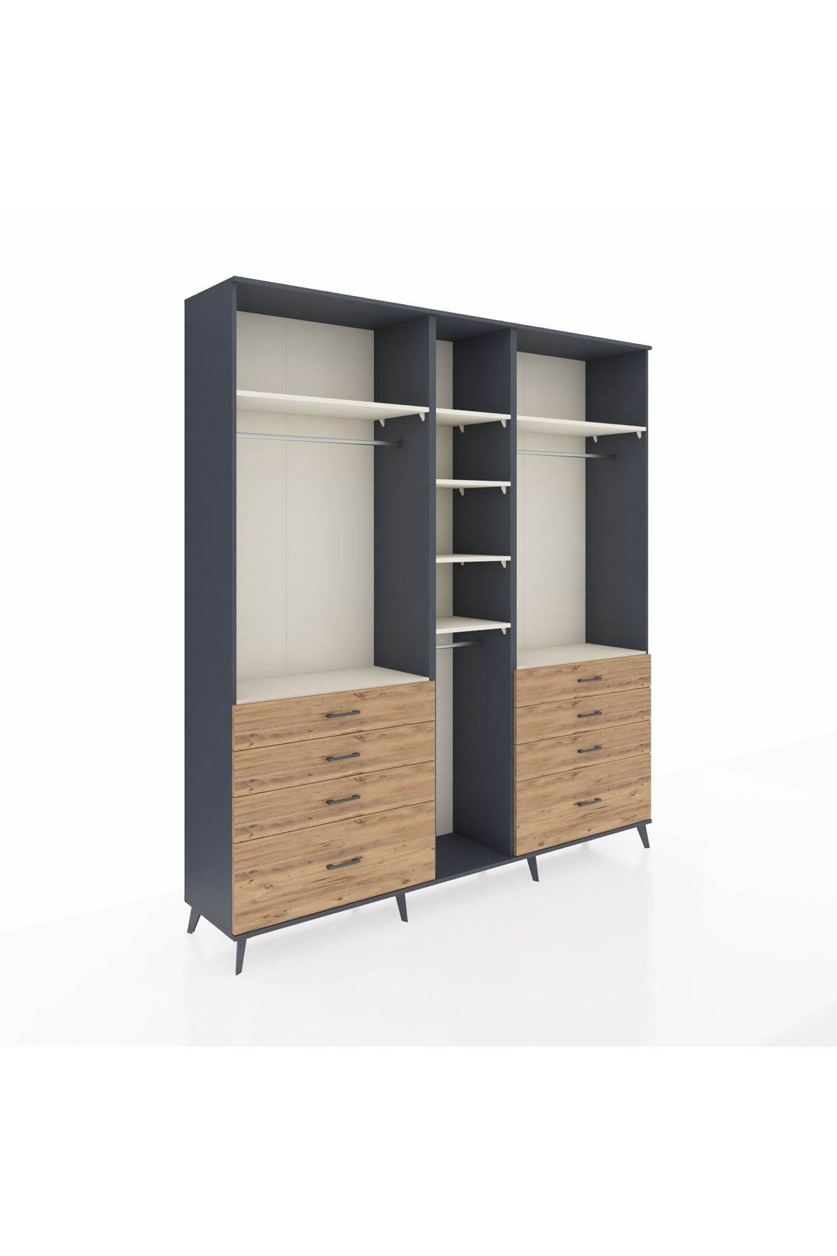 Hyperion Dolap 8 Raflı 8 Çekmeceli 3 Askılı 220x44x243 Antrasit-Aytaşı/Çam