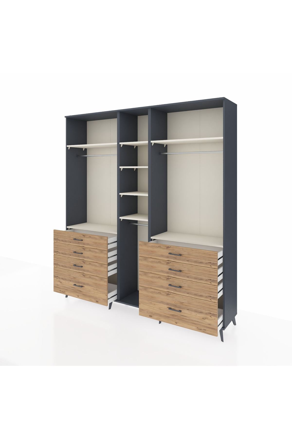 Hyperion Dolap 8 Raflı 8 Çekmeceli 3 Askılı 220x44x243 Antrasit-Aytaşı/Çam