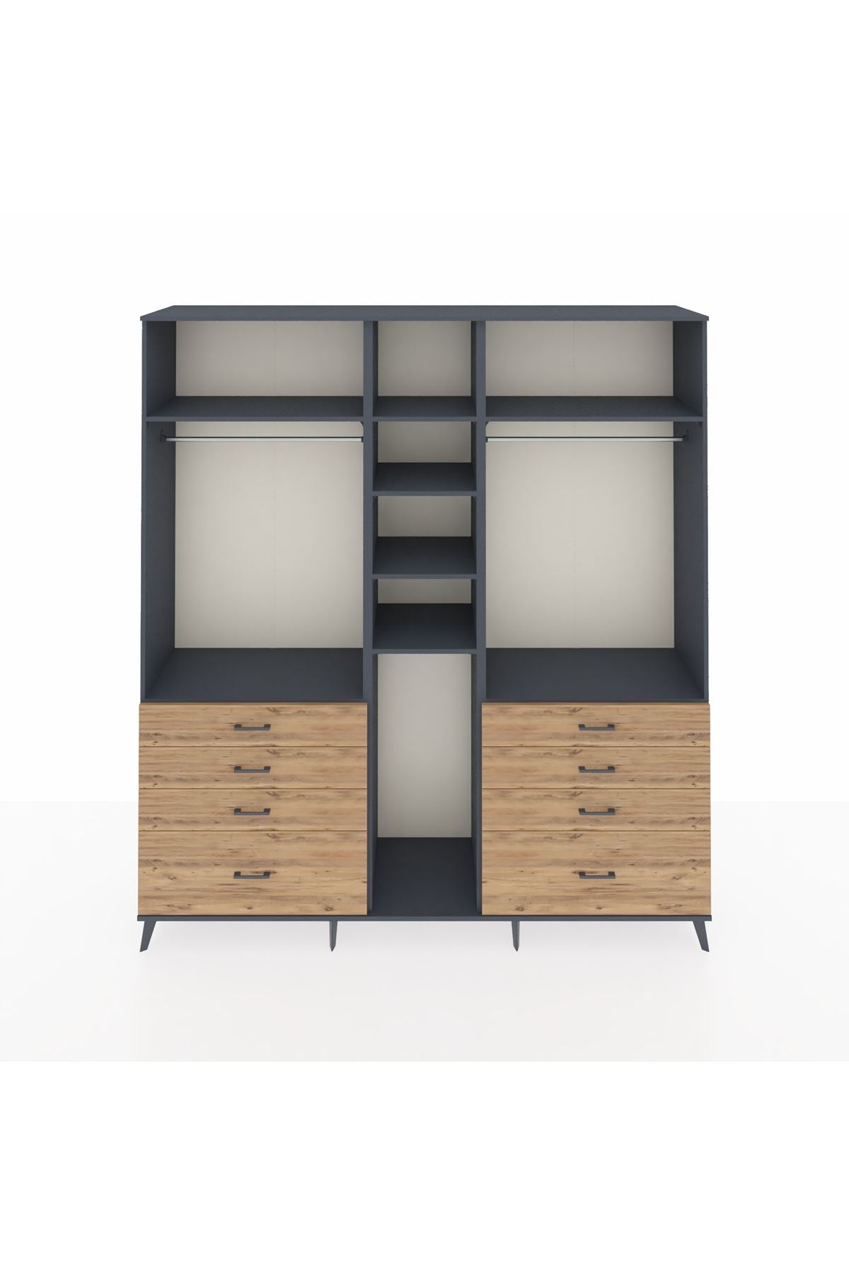 Hyperion Dolap 8 Raflı 8 Çekmeceli 3 Askılı 220x44x243 Antrasit-Antrasit/Çam