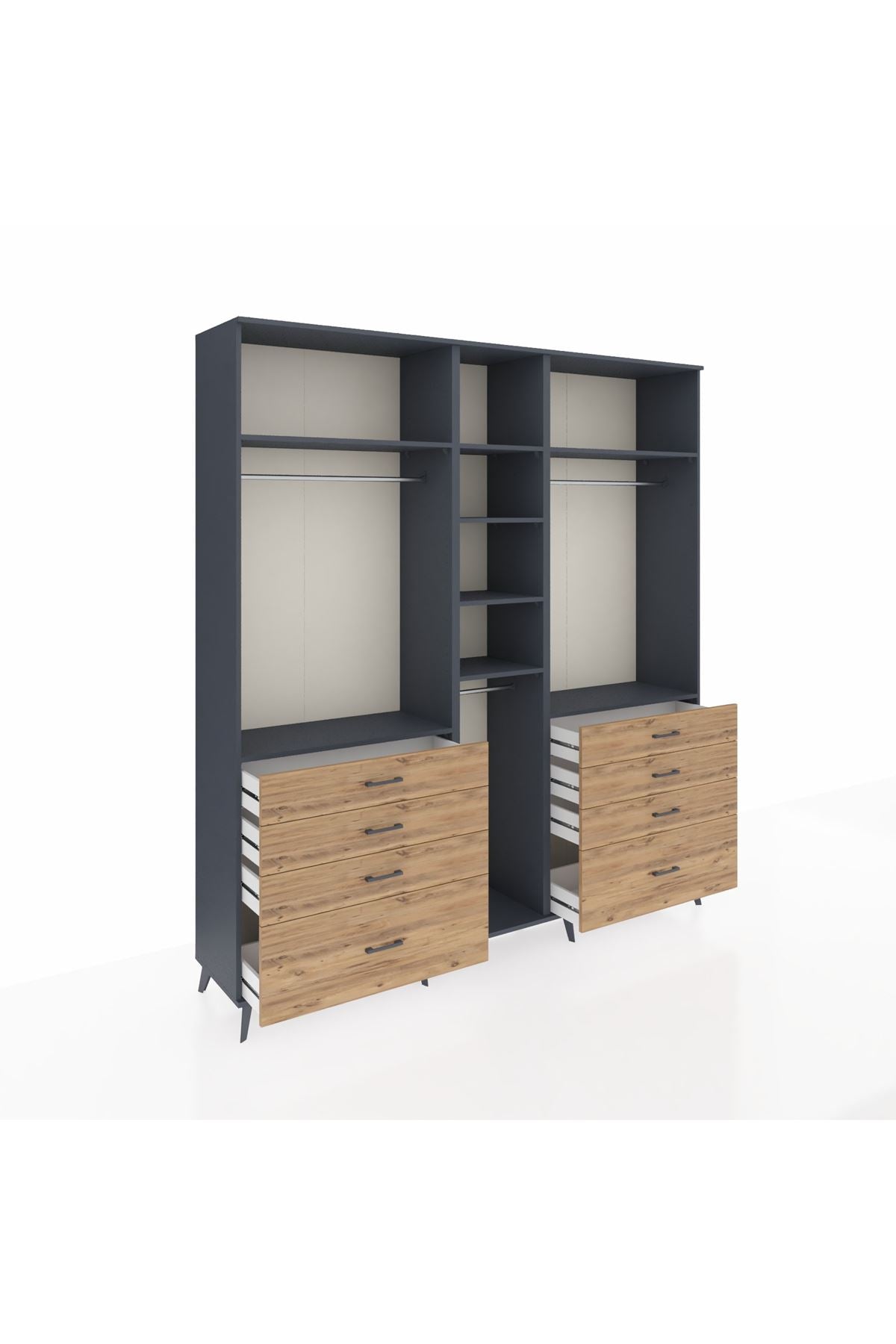 Hyperion Dolap 8 Raflı 8 Çekmeceli 3 Askılı 220x44x243 Antrasit-Antrasit/Çam
