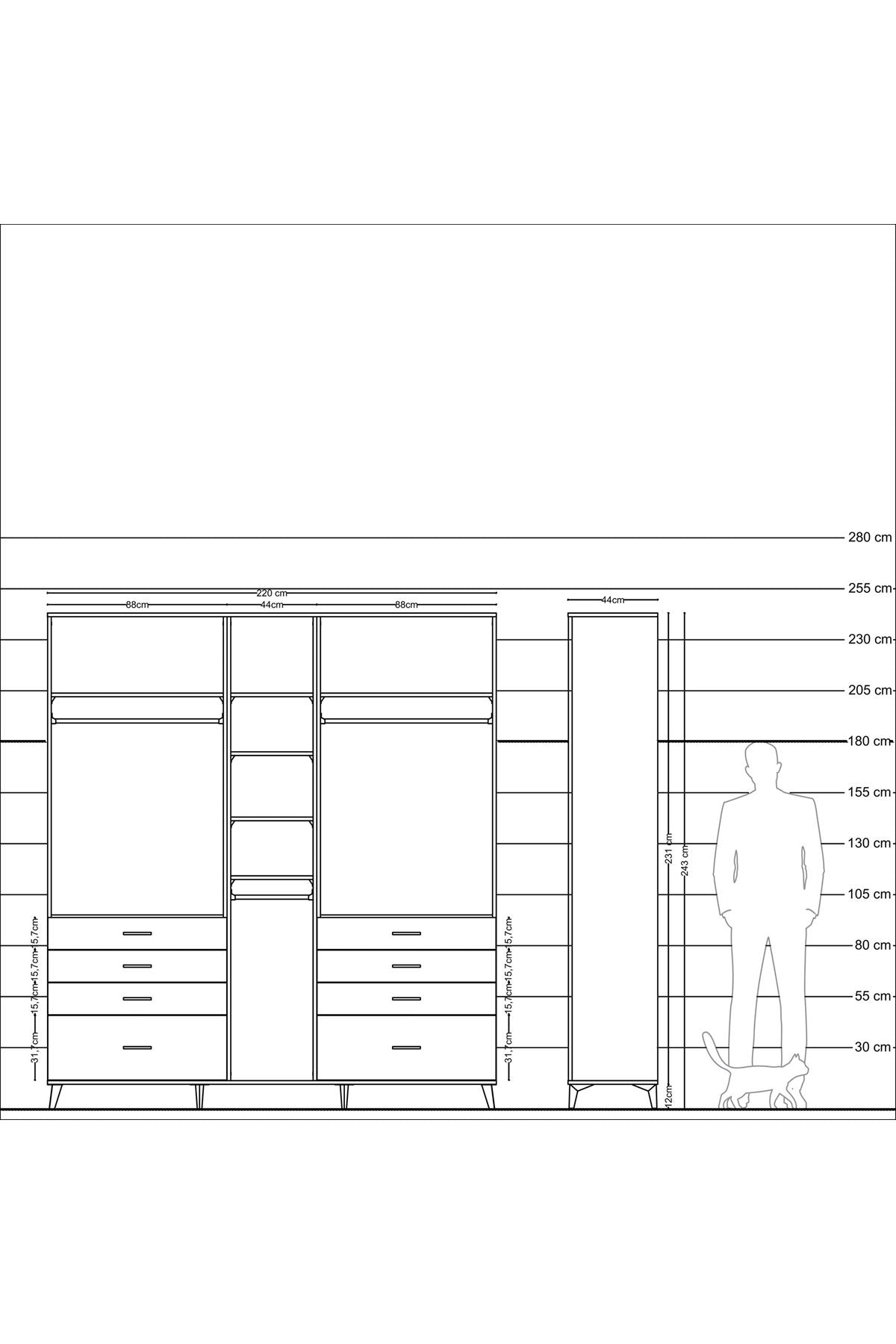 Hyperion Dolap 8 Raflı 8 Çekmeceli 3 Askılı 220x44x243 - S553M008V25B