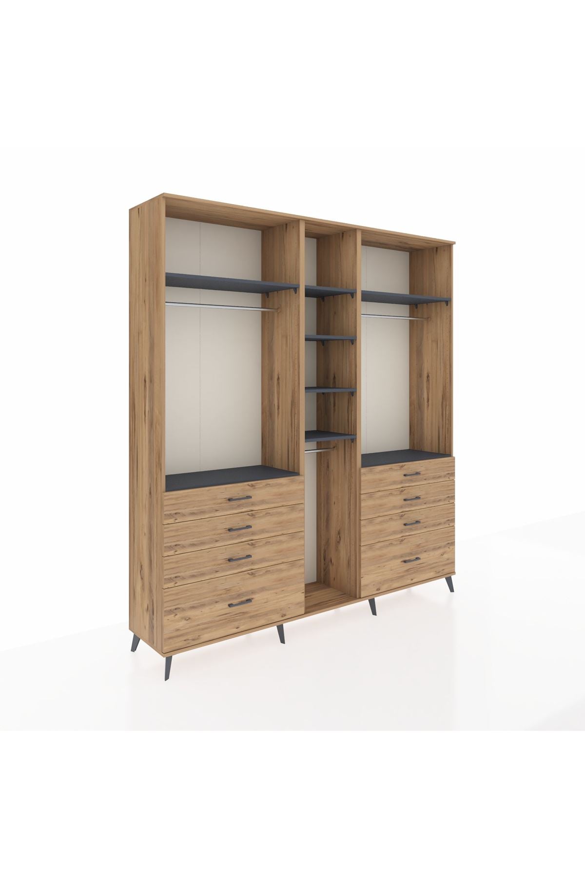 Hyperion Dolap 8 Raflı 8 Çekmeceli 3 Askılı 220x44x243 Çam-Antrasit/Çam