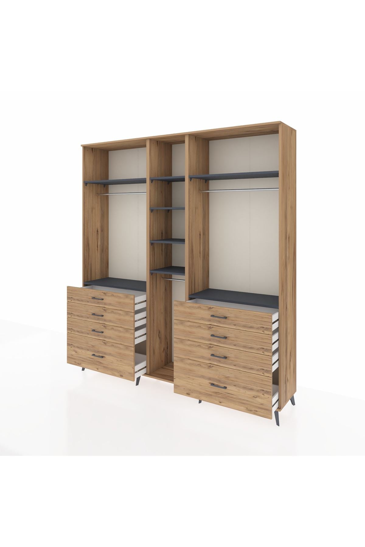 Hyperion Dolap 8 Raflı 8 Çekmeceli 3 Askılı 220x44x243 Çam-Antrasit/Çam