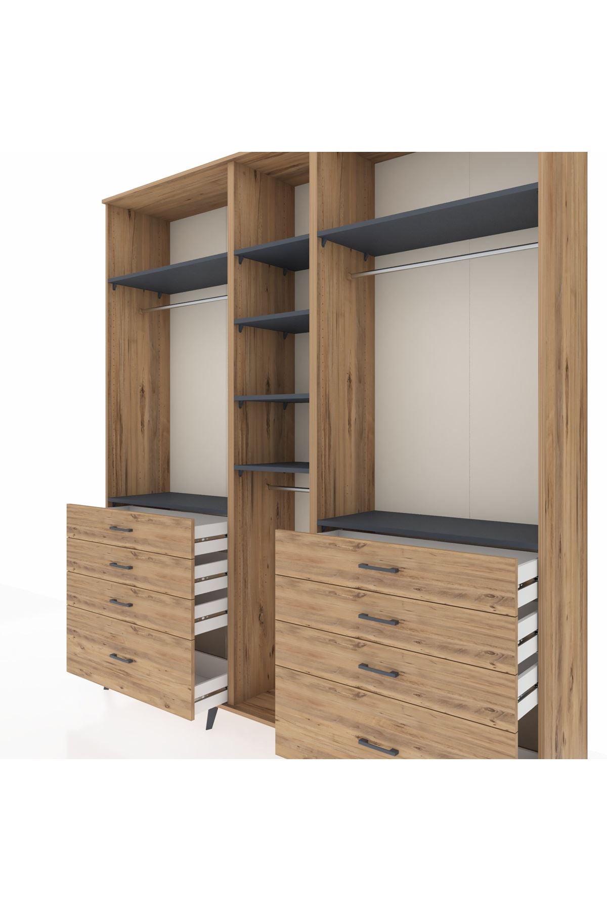 Hyperion Dolap 8 Raflı 8 Çekmeceli 3 Askılı 220x44x243 Çam-Antrasit/Çam