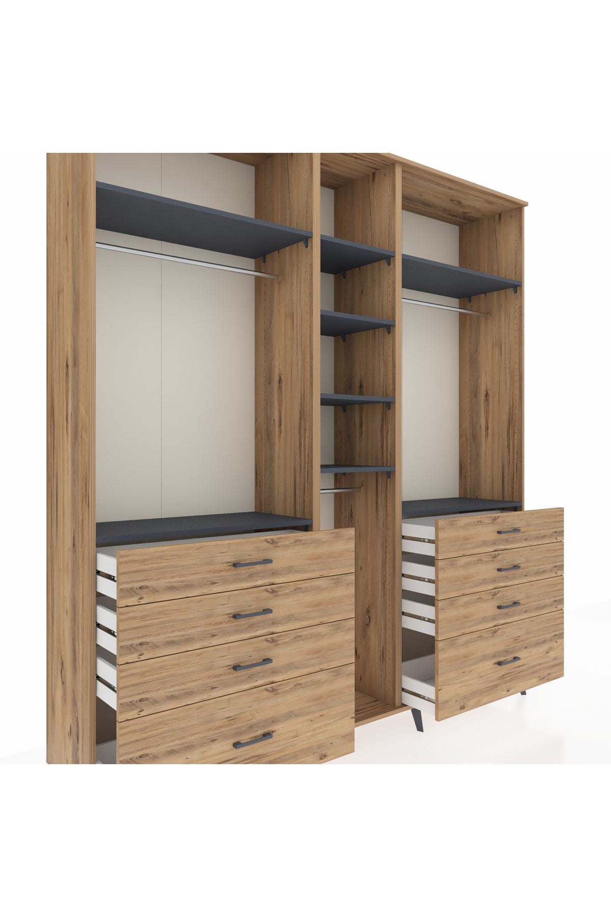 Hyperion Dolap 8 Raflı 8 Çekmeceli 3 Askılı 220x44x243 Çam-Antrasit/Çam