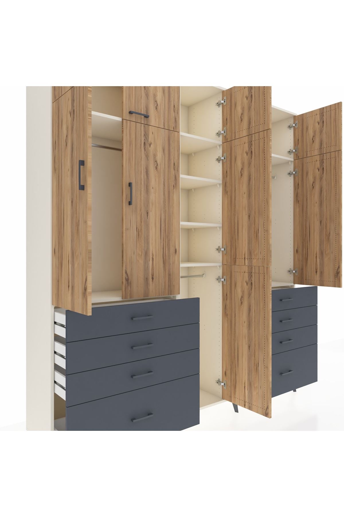 Hyperion Dolap 8 Raflı 8 Çekmeceli 3 Askılı 220x44x243 Aytaşı-Çam/Antrasit