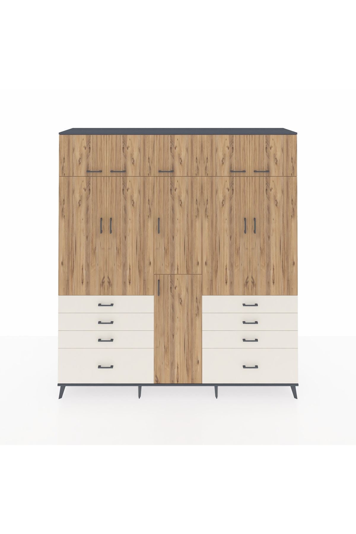 Hyperion Dolap 8 Raflı 8 Çekmeceli 3 Askılı 220x44x243 Antrasit-Çam/Aytaşı