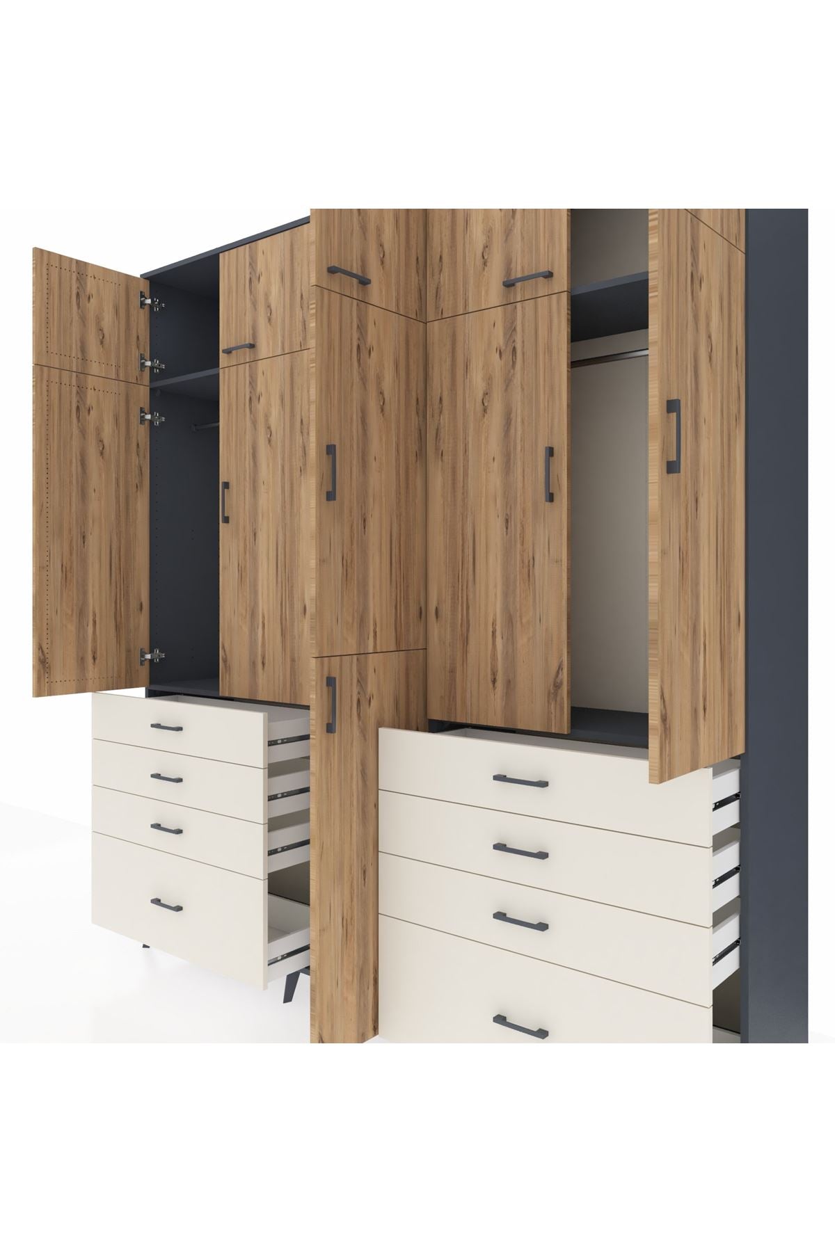 Hyperion Dolap 8 Raflı 8 Çekmeceli 3 Askılı 220x44x243 Antrasit-Çam/Aytaşı