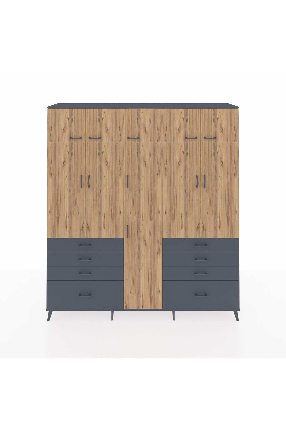 Hyperion Dolap 8 Raflı 8 Çekmeceli 3 Askılı 220x44x243 Antrasit-Çam/Antrasit