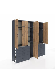 Hyperion Dolap 8 Raflı 8 Çekmeceli 3 Askılı 220x44x243 Antrasit-Çam/Antrasit