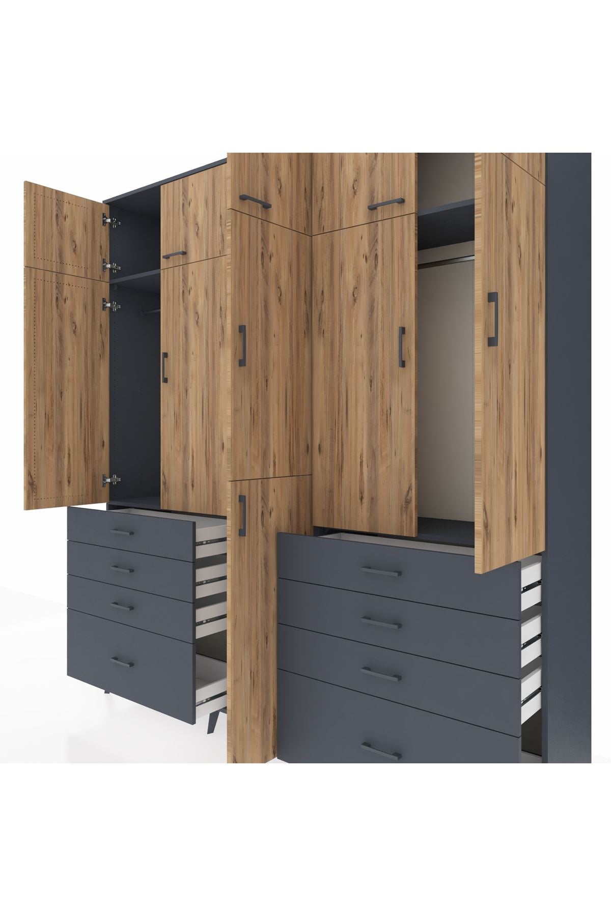 Hyperion Dolap 8 Raflı 8 Çekmeceli 3 Askılı 220x44x243 Antrasit-Çam/Antrasit