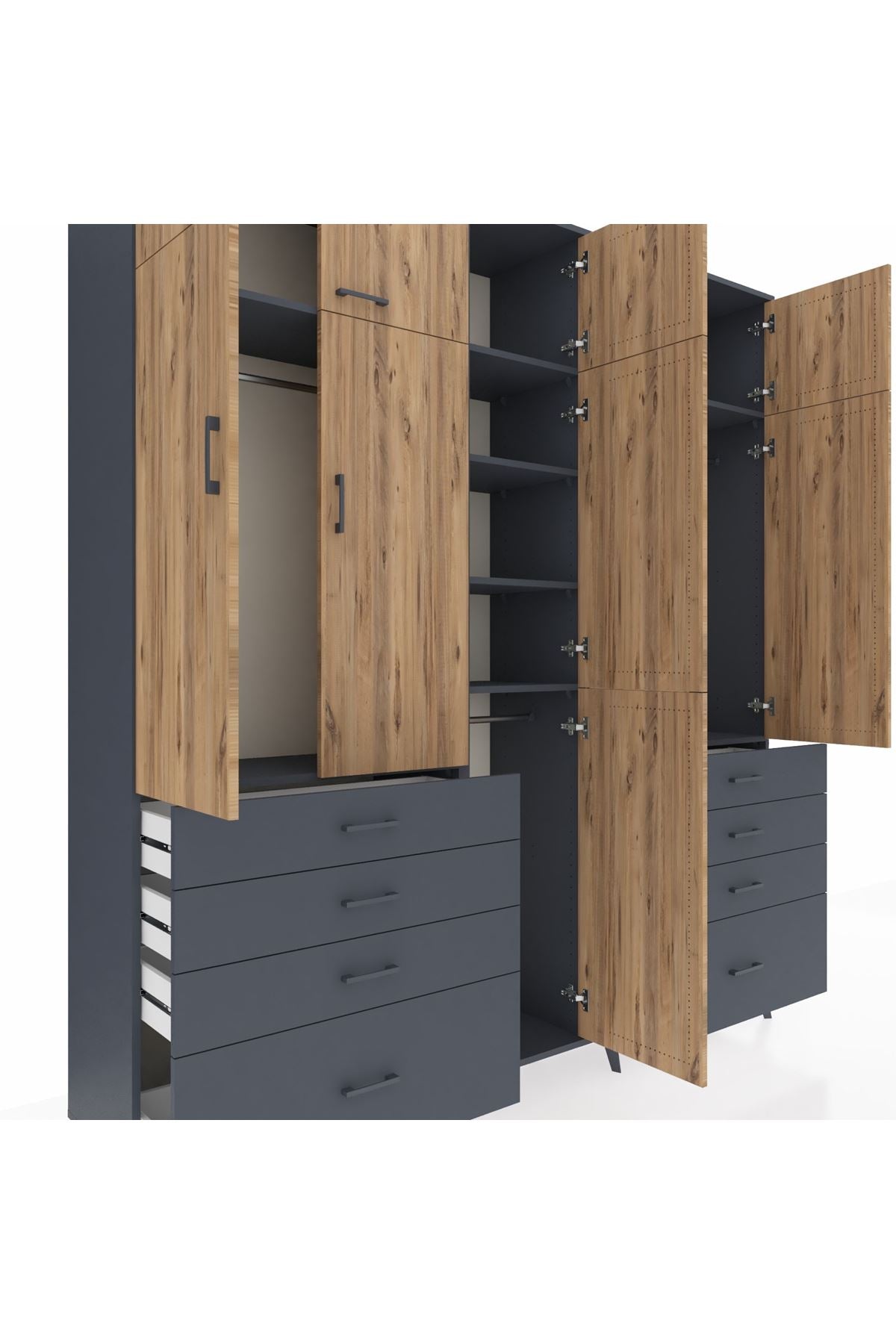 Hyperion Dolap 8 Raflı 8 Çekmeceli 3 Askılı 220x44x243 Antrasit-Çam/Antrasit