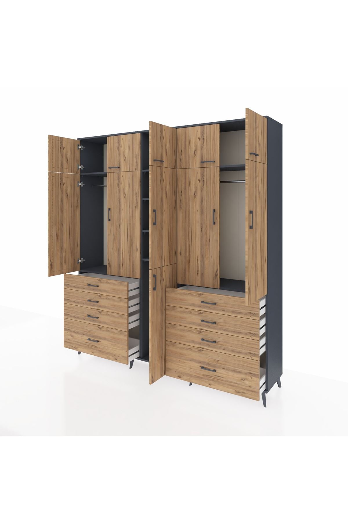 Hyperion Dolap 8 Raflı 8 Çekmeceli 3 Askılı 220x44x243 Antrasit-Çam/Çam