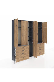 Hyperion Dolap 8 Raflı 8 Çekmeceli 3 Askılı 220x44x243 Antrasit-Çam/Çam
