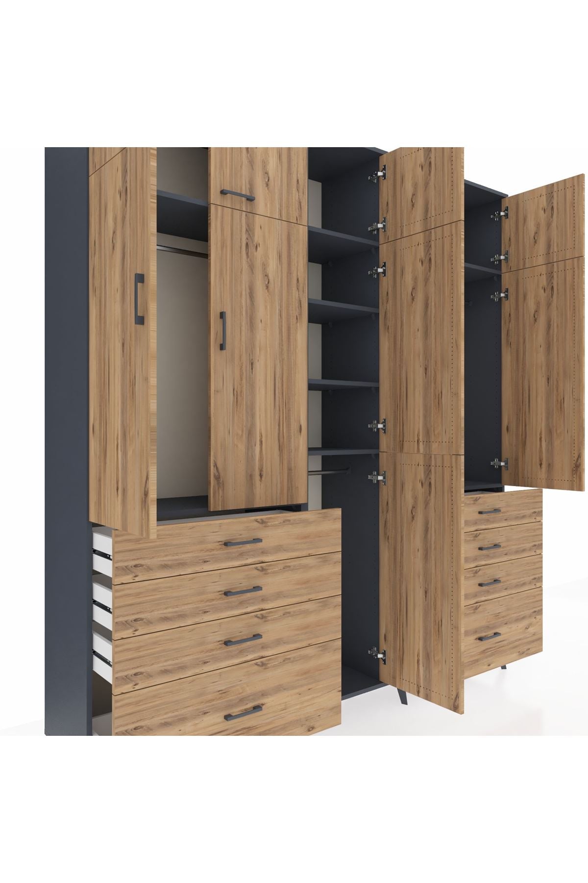 Hyperion Dolap 8 Raflı 8 Çekmeceli 3 Askılı 220x44x243 Antrasit-Çam/Çam