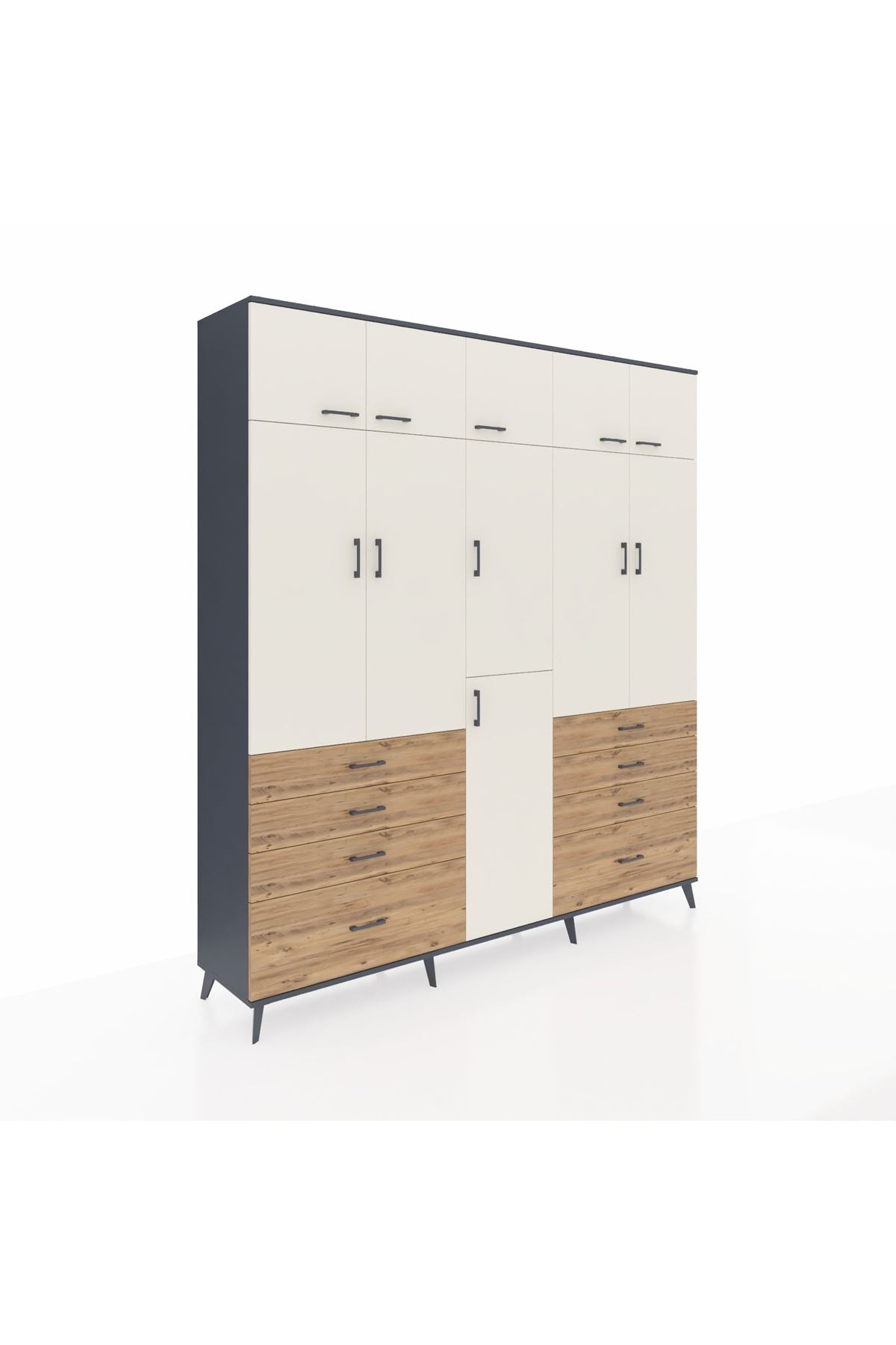 Hyperion Dolap 8 Raflı 8 Çekmeceli 3 Askılı 220x44x243 Antrasit-Aytaşı/Çam