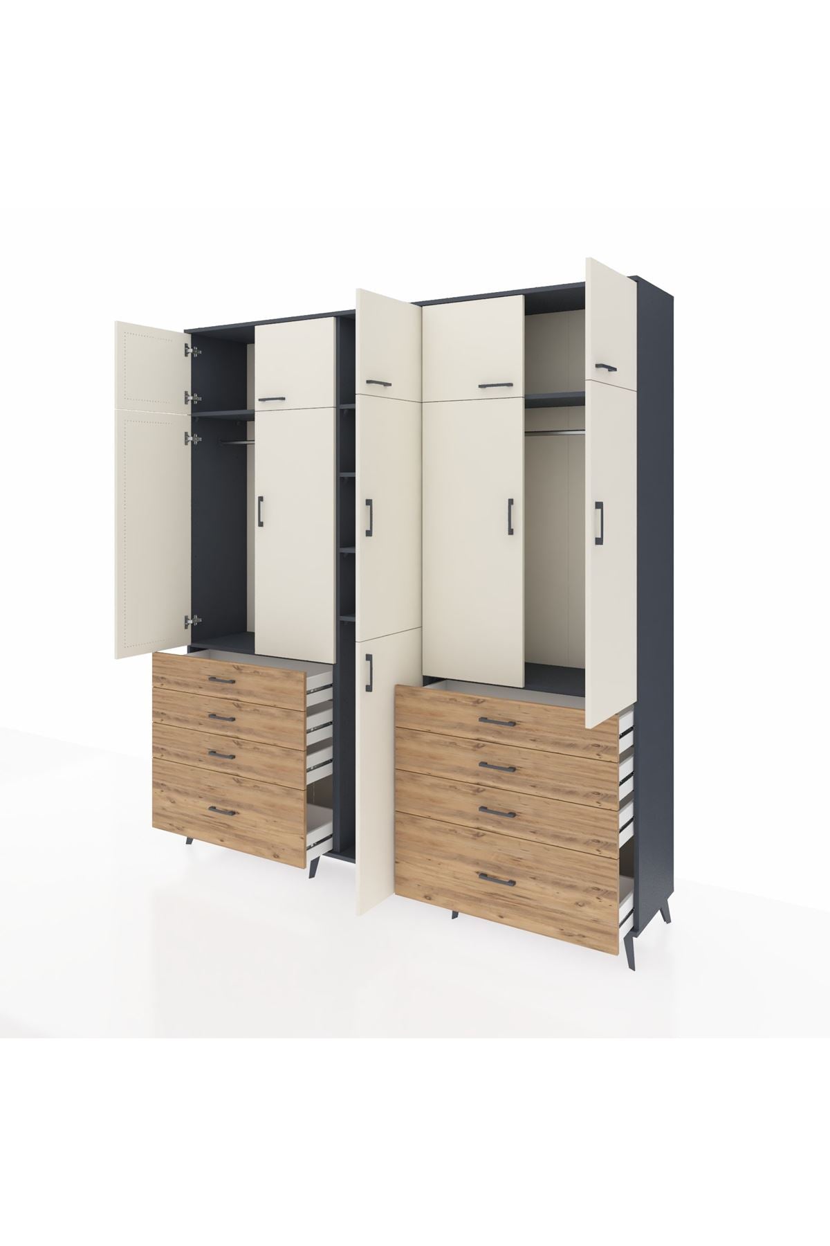 Hyperion Dolap 8 Raflı 8 Çekmeceli 3 Askılı 220x44x243 Antrasit-Aytaşı/Çam