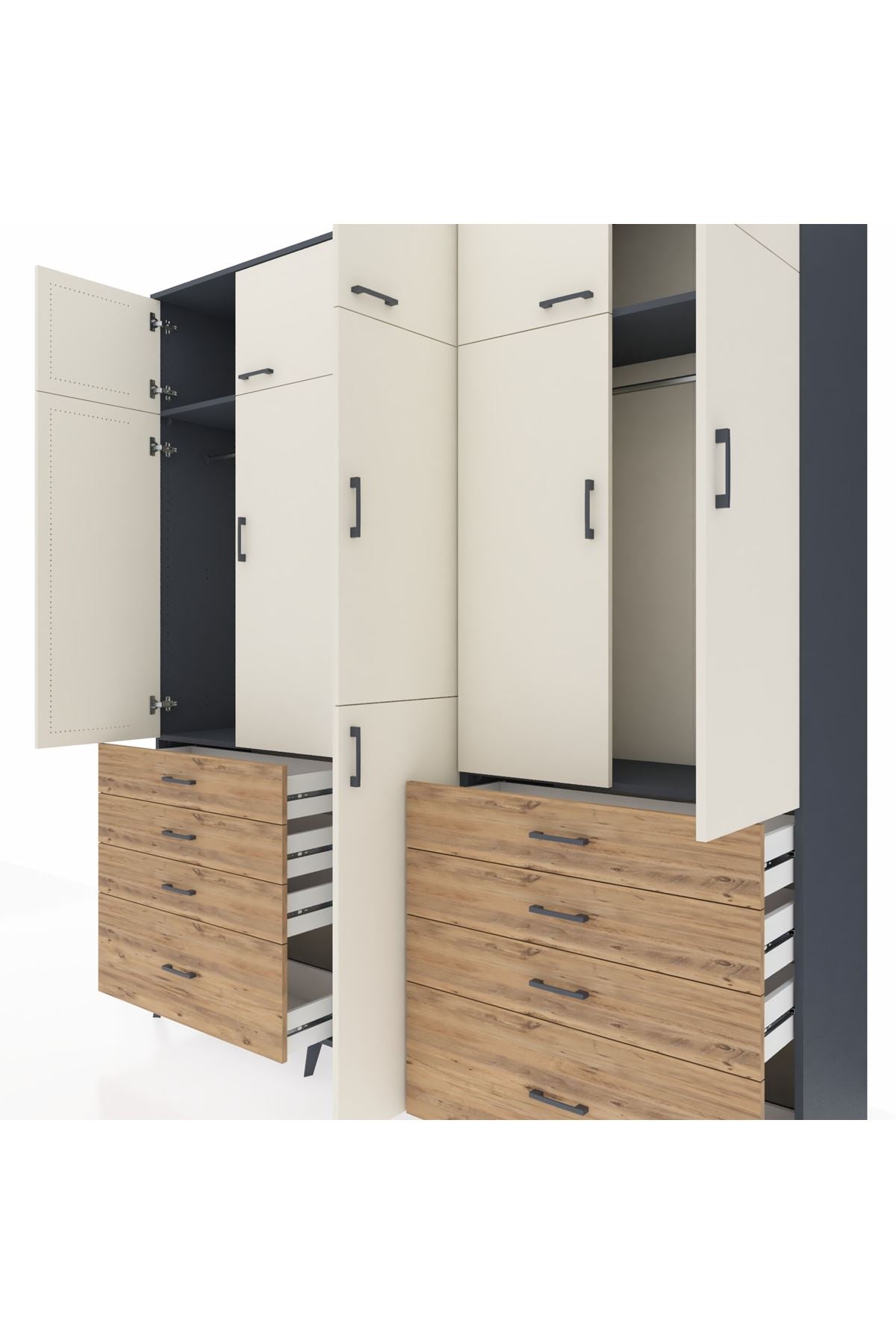 Hyperion Dolap 8 Raflı 8 Çekmeceli 3 Askılı 220x44x243 Antrasit-Aytaşı/Çam