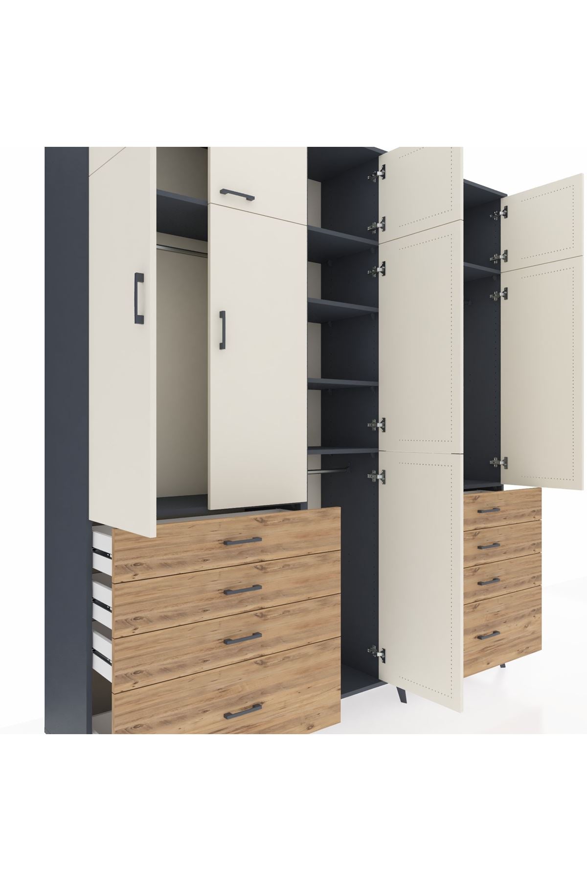 Hyperion Dolap 8 Raflı 8 Çekmeceli 3 Askılı 220x44x243 Antrasit-Aytaşı/Çam