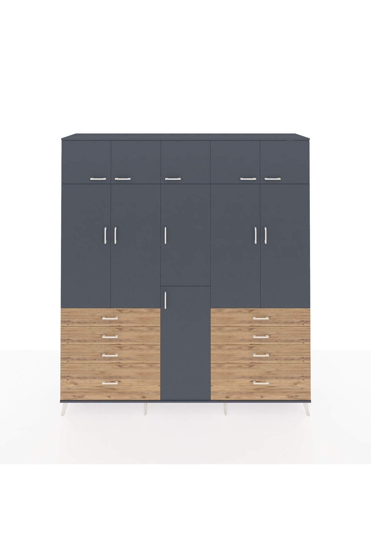 Hyperion Dolap 8 Raflı 8 Çekmeceli 3 Askılı 220x44x243 Antrasit-Antrasit/Çam