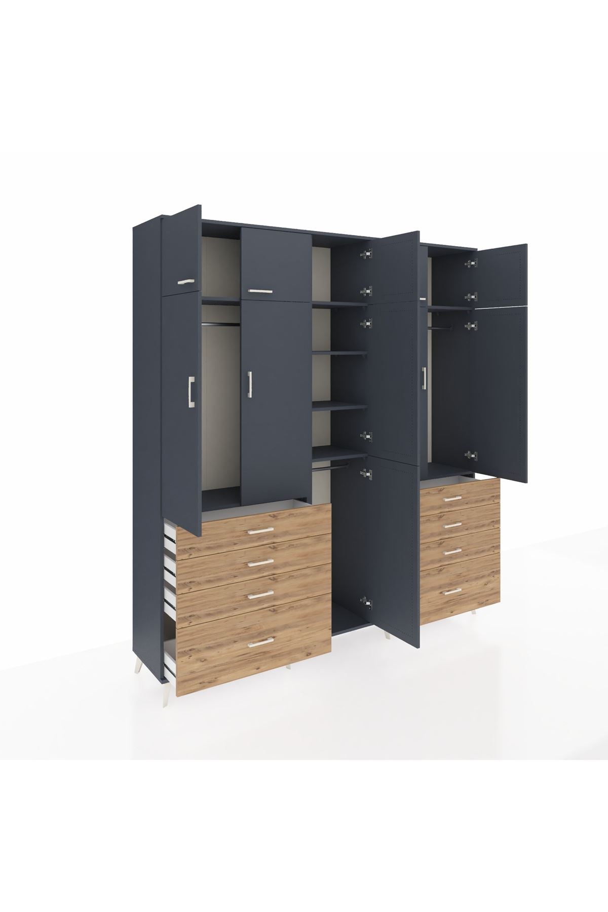 Hyperion Dolap 8 Raflı 8 Çekmeceli 3 Askılı 220x44x243 Antrasit-Antrasit/Çam