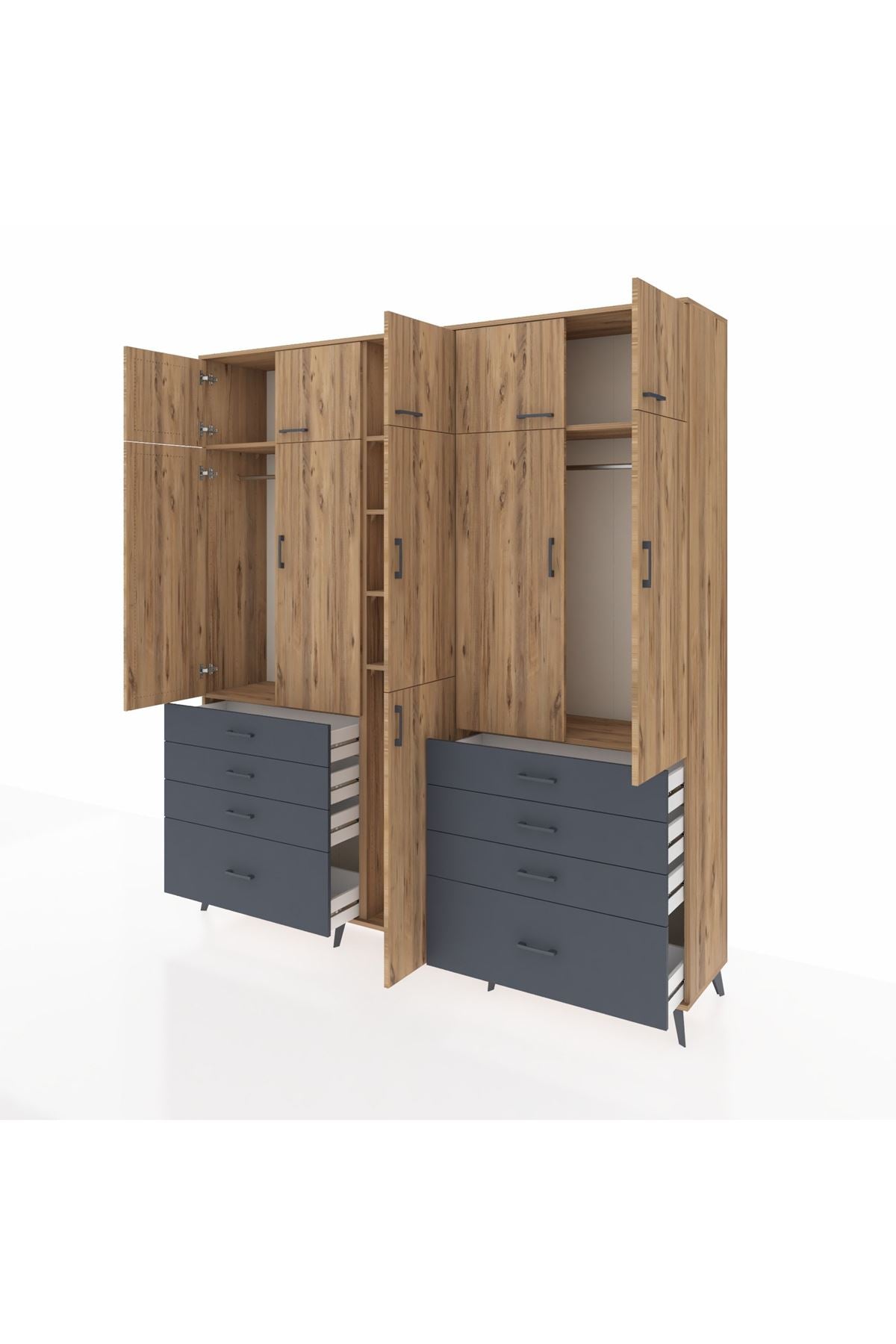 Hyperion Dolap 8 Raflı 8 Çekmeceli 3 Askılı 220x44x243 Çam-Çam/Antrasit