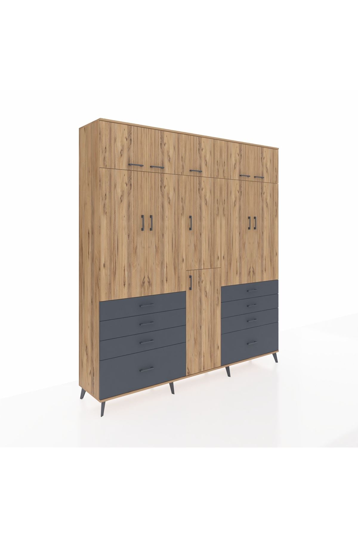 Hyperion Dolap 8 Raflı 8 Çekmeceli 3 Askılı 220x44x243 Çam-Çam/Antrasit