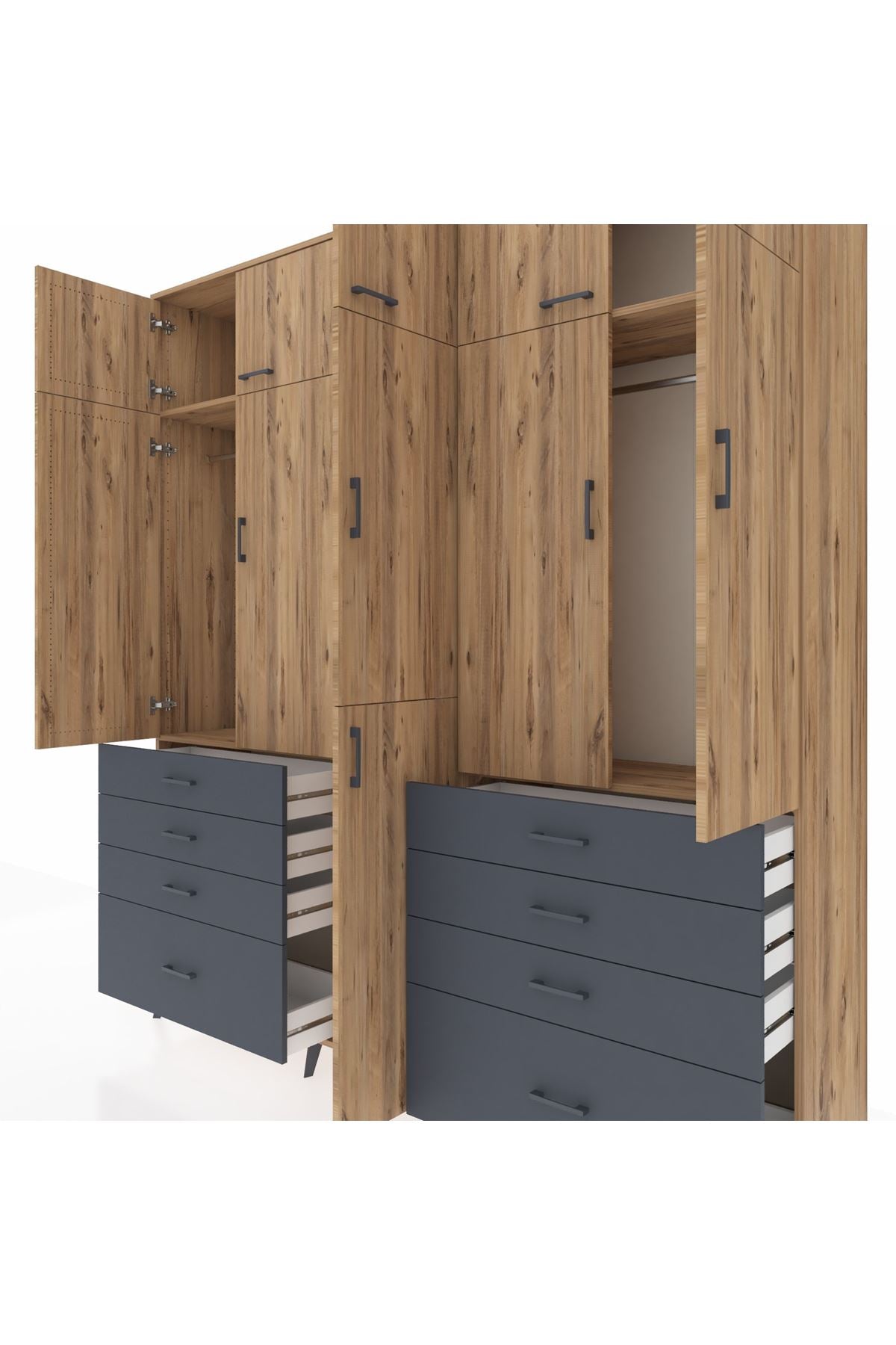 Hyperion Dolap 8 Raflı 8 Çekmeceli 3 Askılı 220x44x243 Çam-Çam/Antrasit