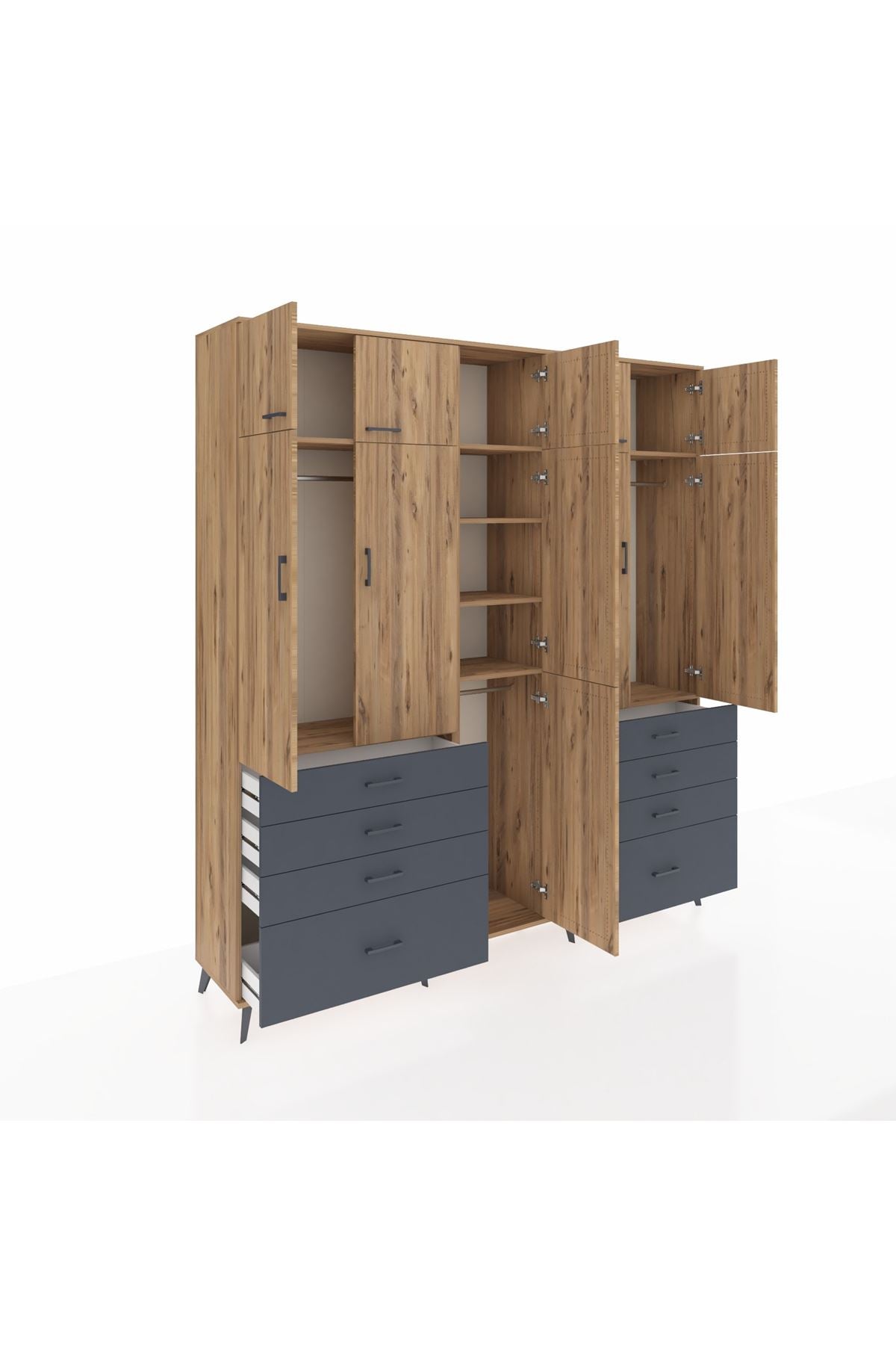 Hyperion Dolap 8 Raflı 8 Çekmeceli 3 Askılı 220x44x243 Çam-Çam/Antrasit