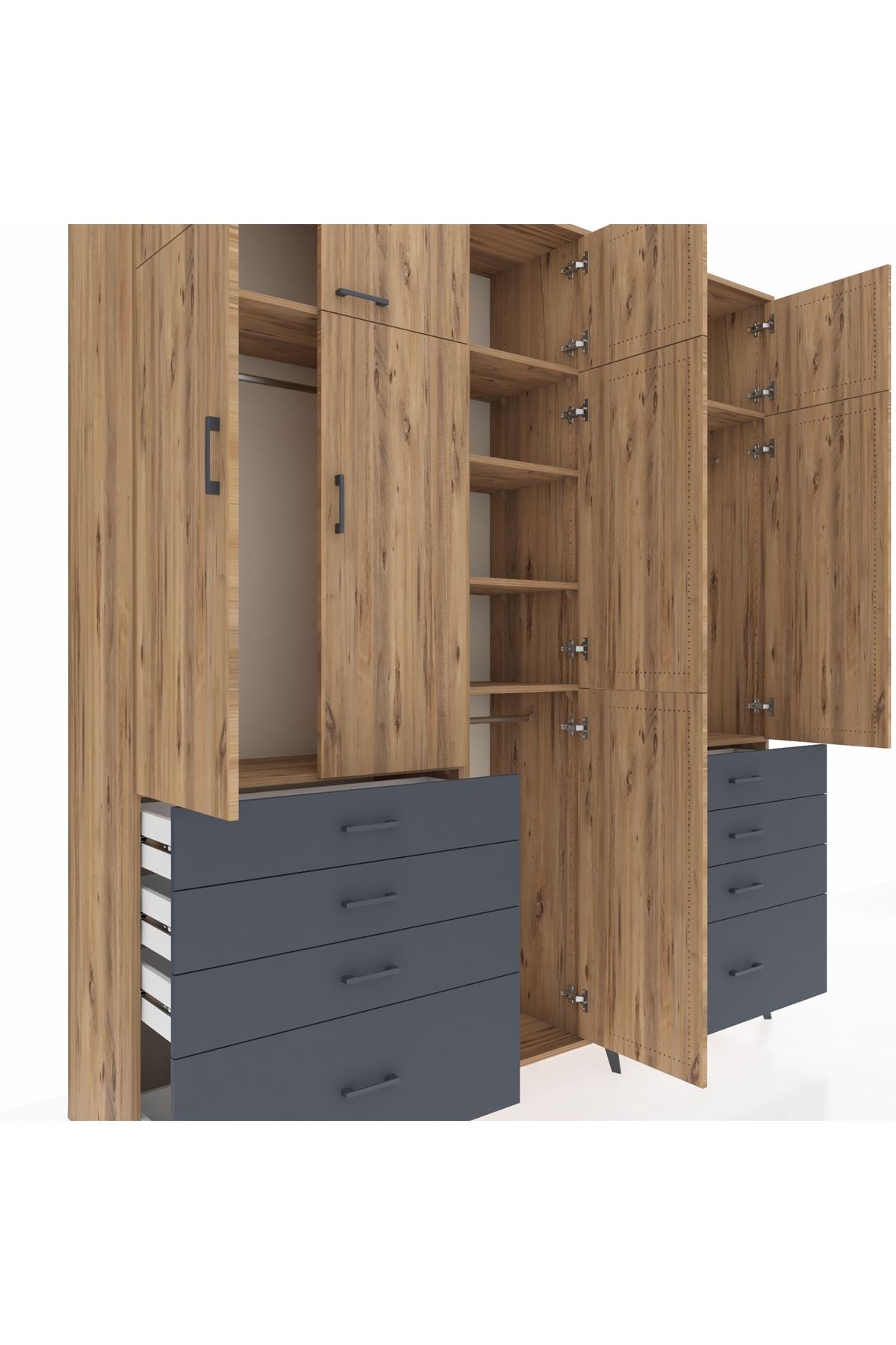 Hyperion Dolap 8 Raflı 8 Çekmeceli 3 Askılı 220x44x243 Çam-Çam/Antrasit