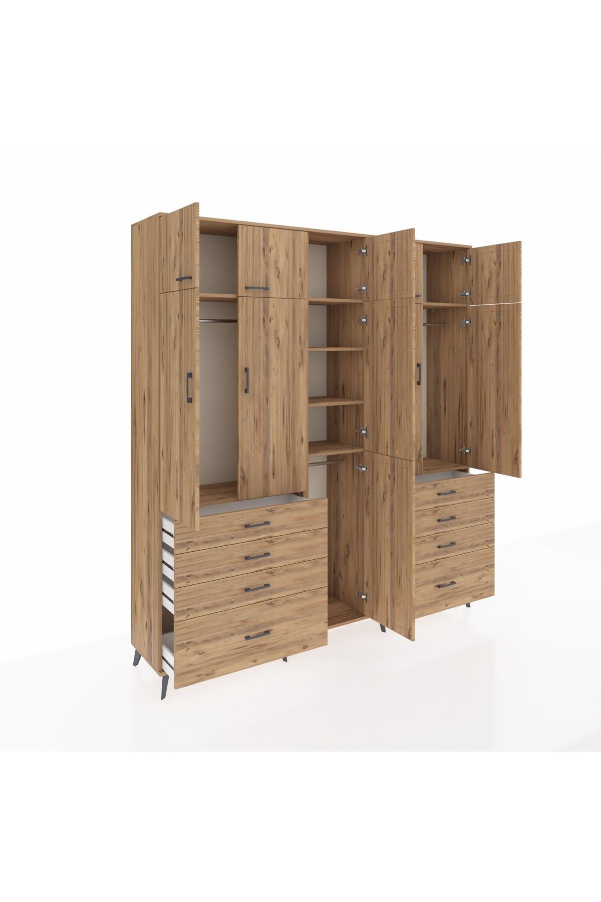 Hyperion Dolap 8 Raflı 8 Çekmeceli 3 Askılı 220x44x243 Çam-Çam/Çam