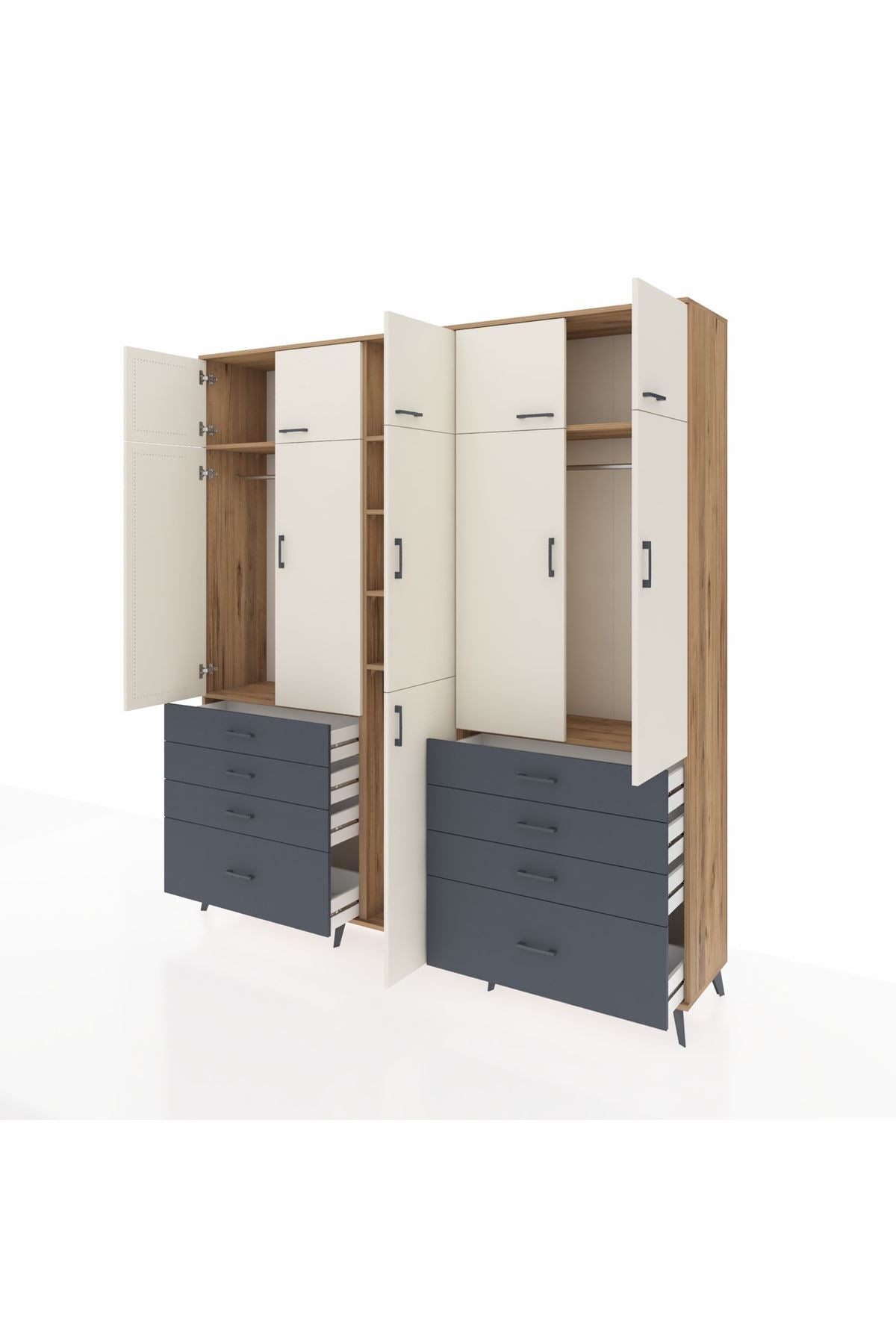 Hyperion Dolap 8 Raflı 8 Çekmeceli 3 Askılı 220x44x243 Çam-Aytaşı/Antrasit