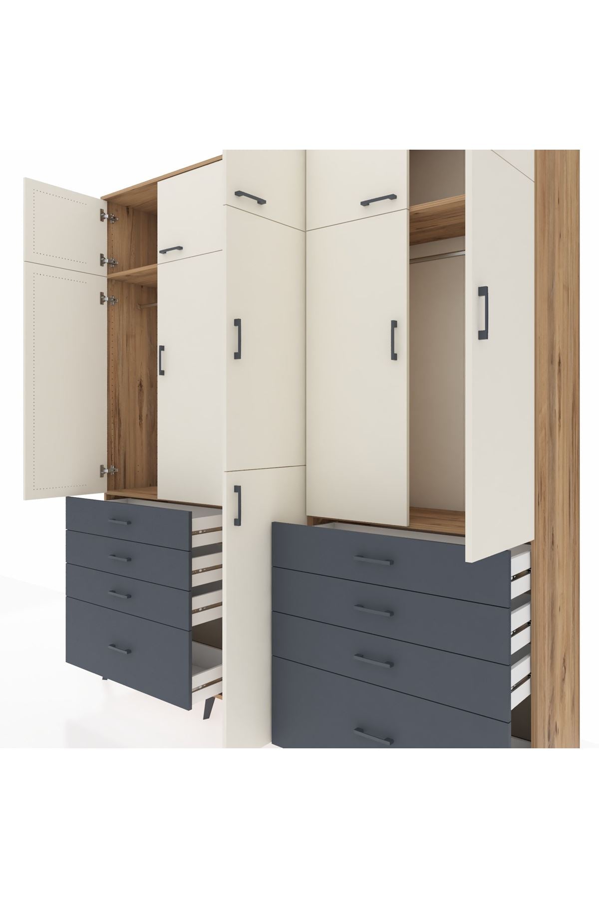 Hyperion Dolap 8 Raflı 8 Çekmeceli 3 Askılı 220x44x243 Çam-Aytaşı/Antrasit