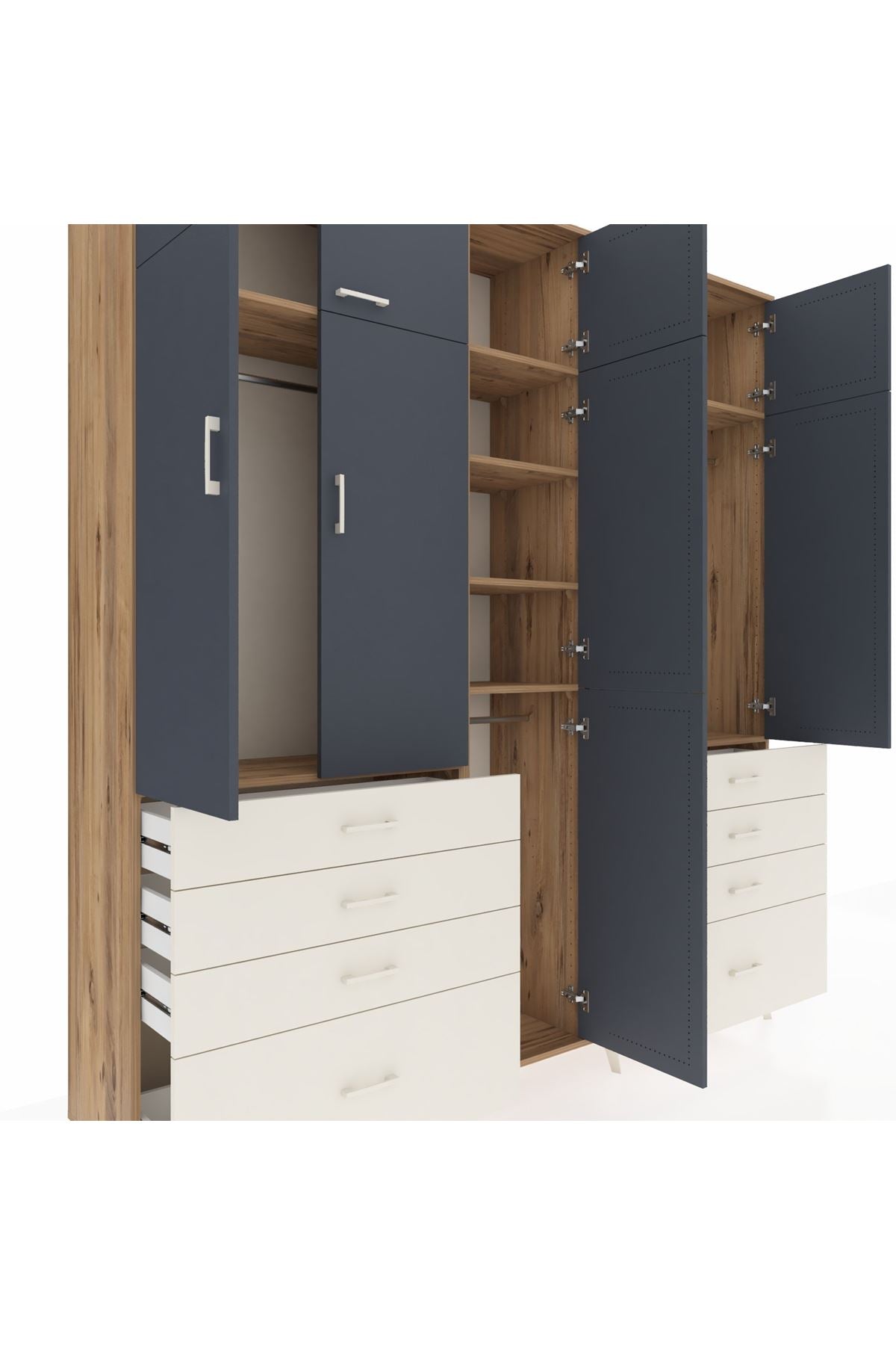 Hyperion Dolap 8 Raflı 8 Çekmeceli 3 Askılı 220x44x243 Çam-Antrasit/Aytaşı