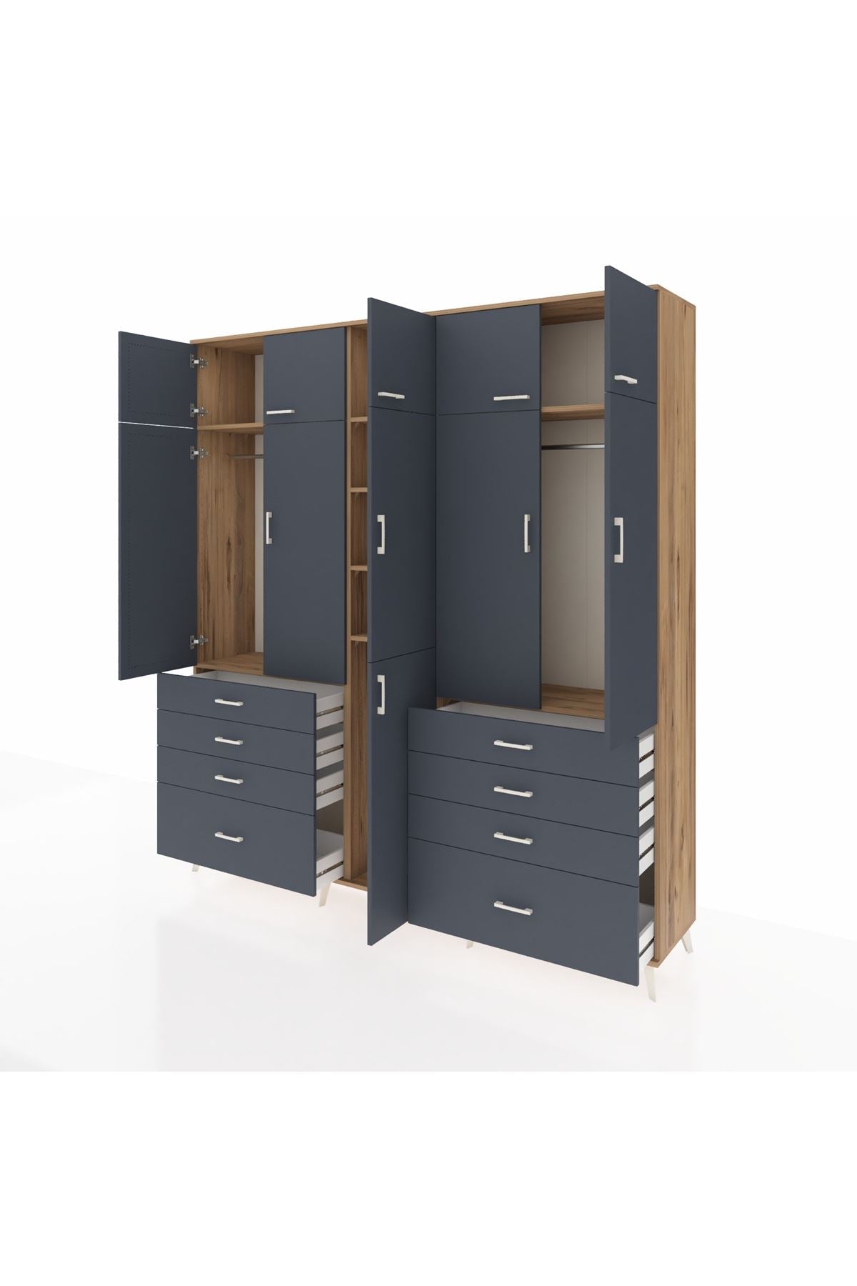 Hyperion Dolap 8 Raflı 8 Çekmeceli 3 Askılı 220x44x243 Çam-Antrasit/Antrasit